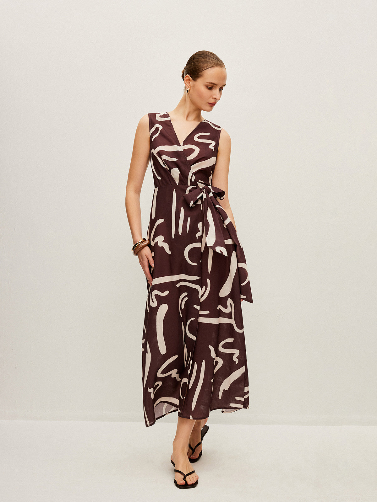 Abstract Print Wrap Dress With Tie Waist-Massicos
