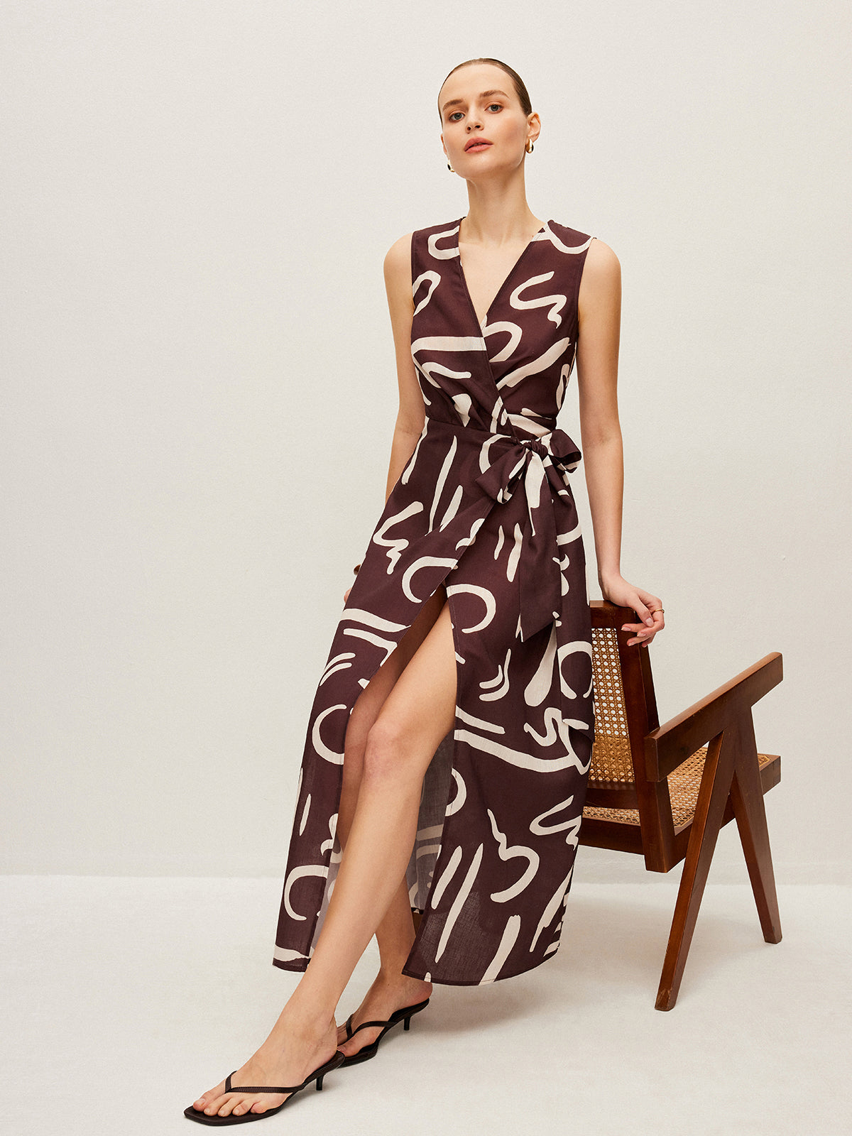 Abstract Print Wrap Dress With Tie Waist-Massicos