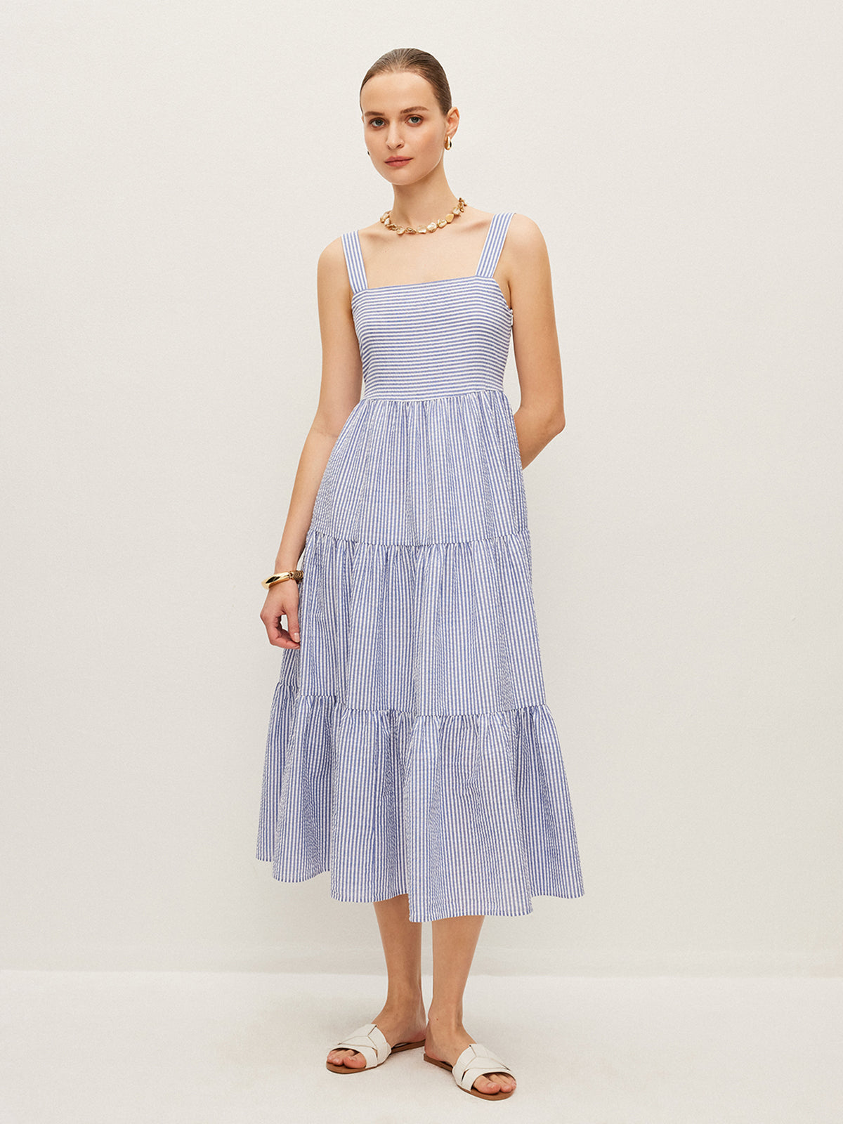 Striped Button-Detail Sleeveless Dress-Massicos