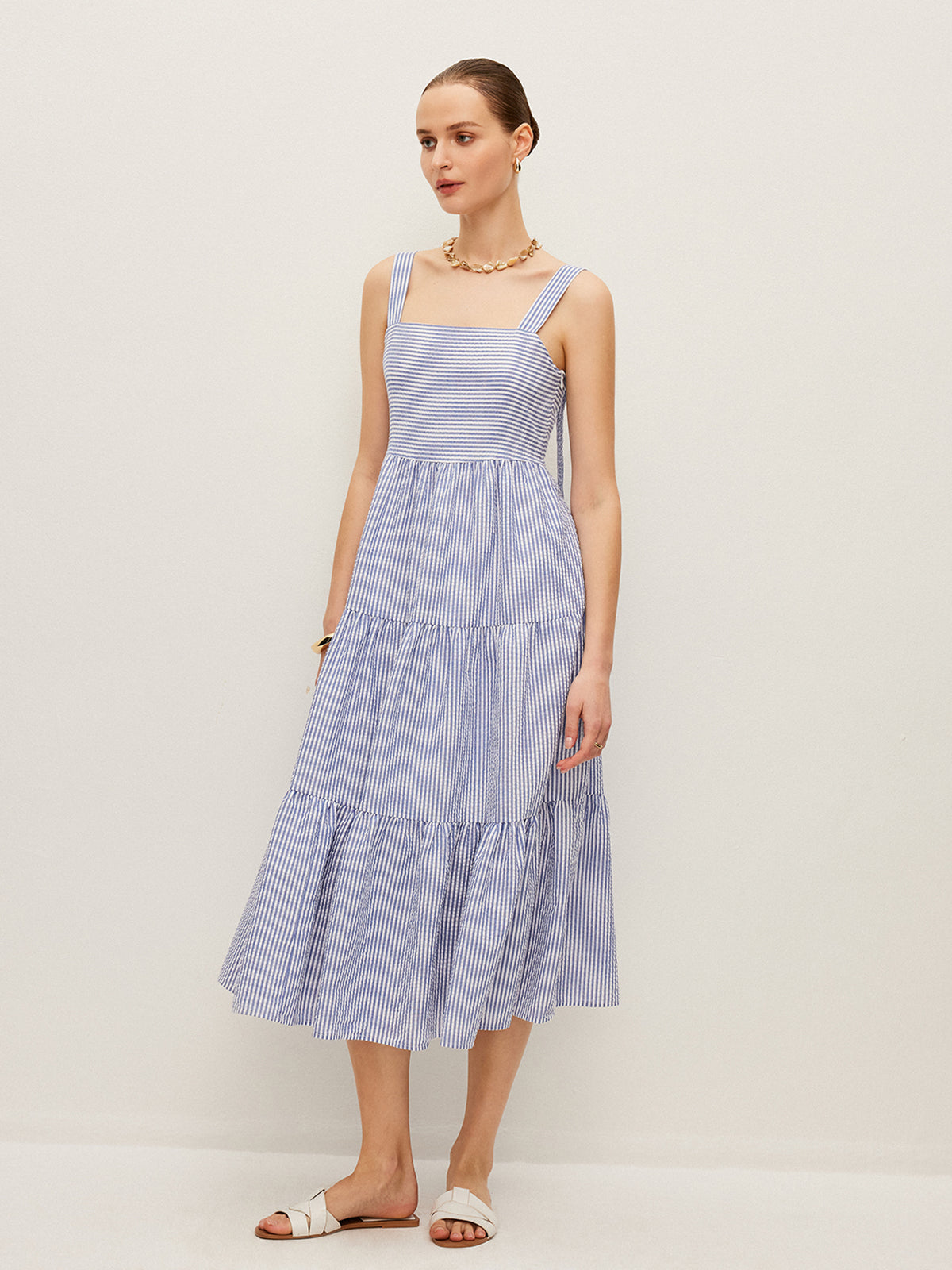 Striped Button-Detail Sleeveless Dress-Massicos