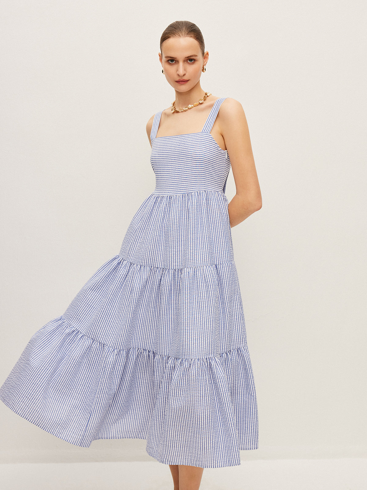 Striped Button-Detail Sleeveless Dress-Massicos