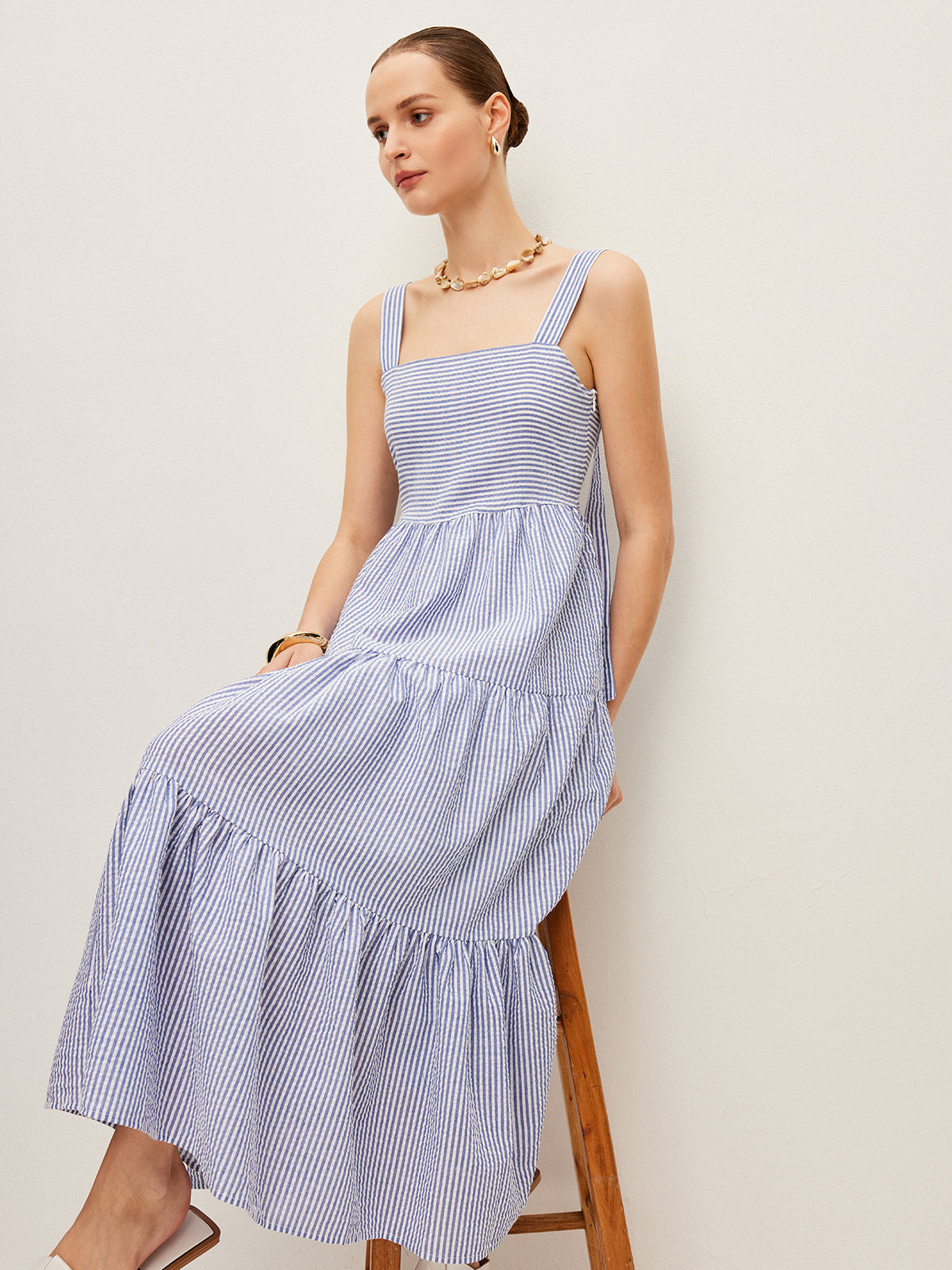 Striped Button-Detail Sleeveless Dress-Massicos