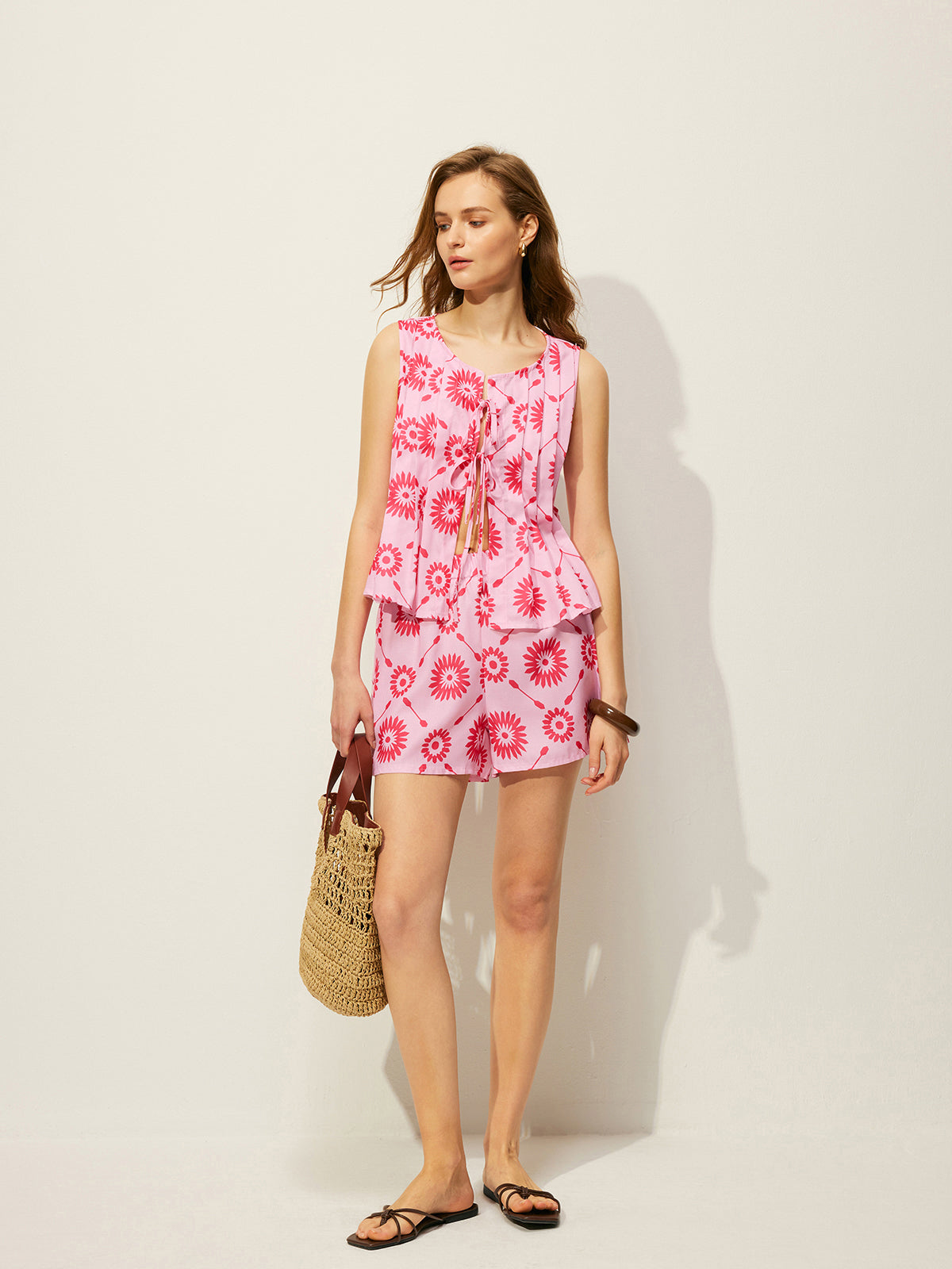 Floral Print Shorts Set With Pockets-Massicos