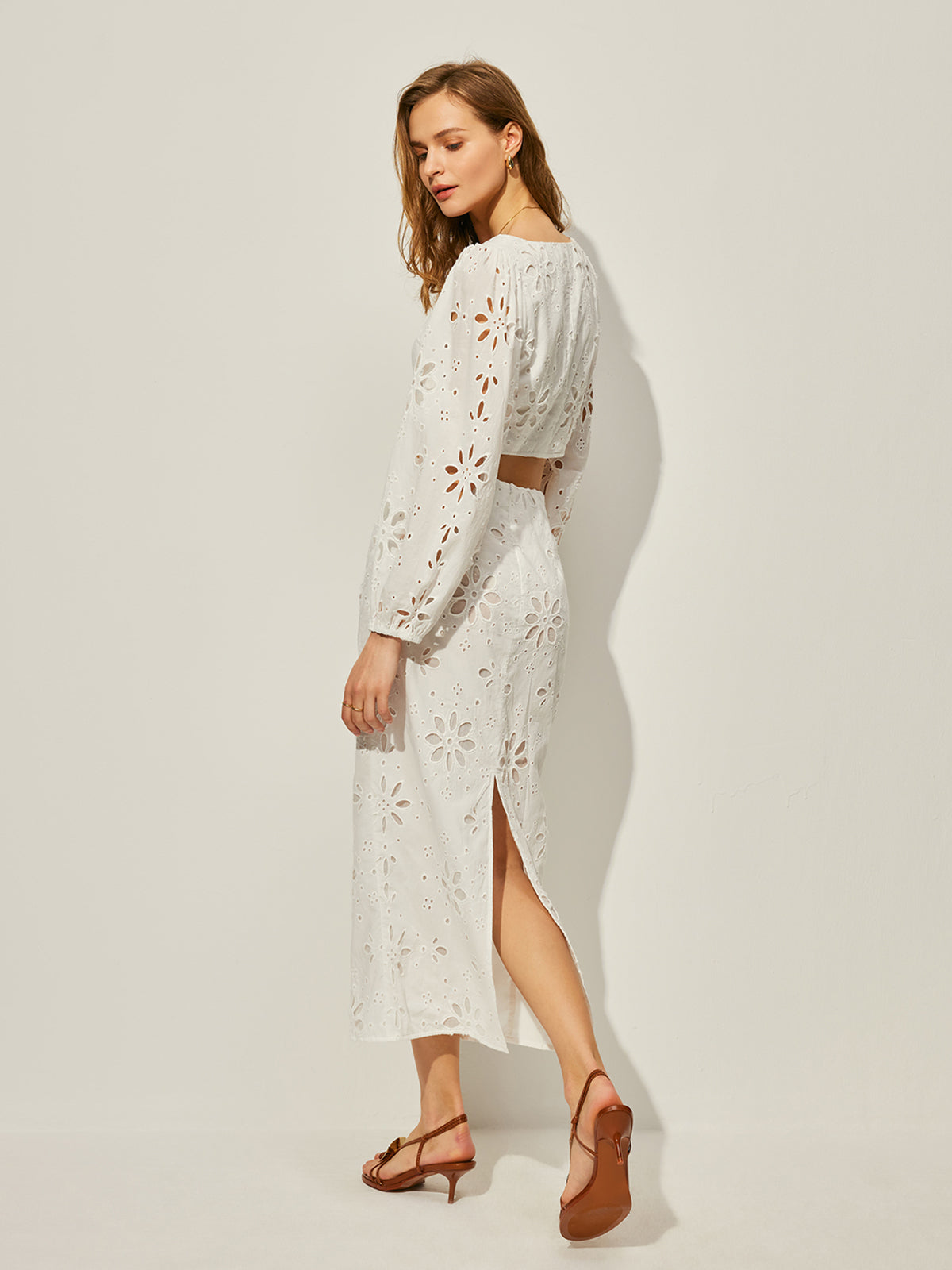 Cotton Hollow Floral Skirt Set-Massicos