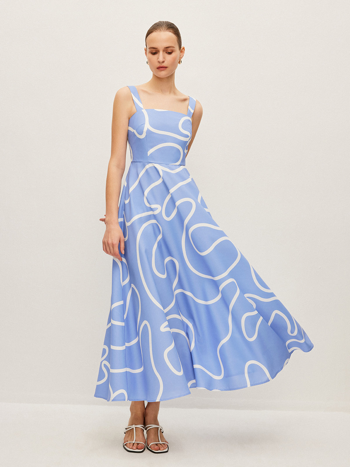 Abstract Line Print Square Strap Dress-Massicos