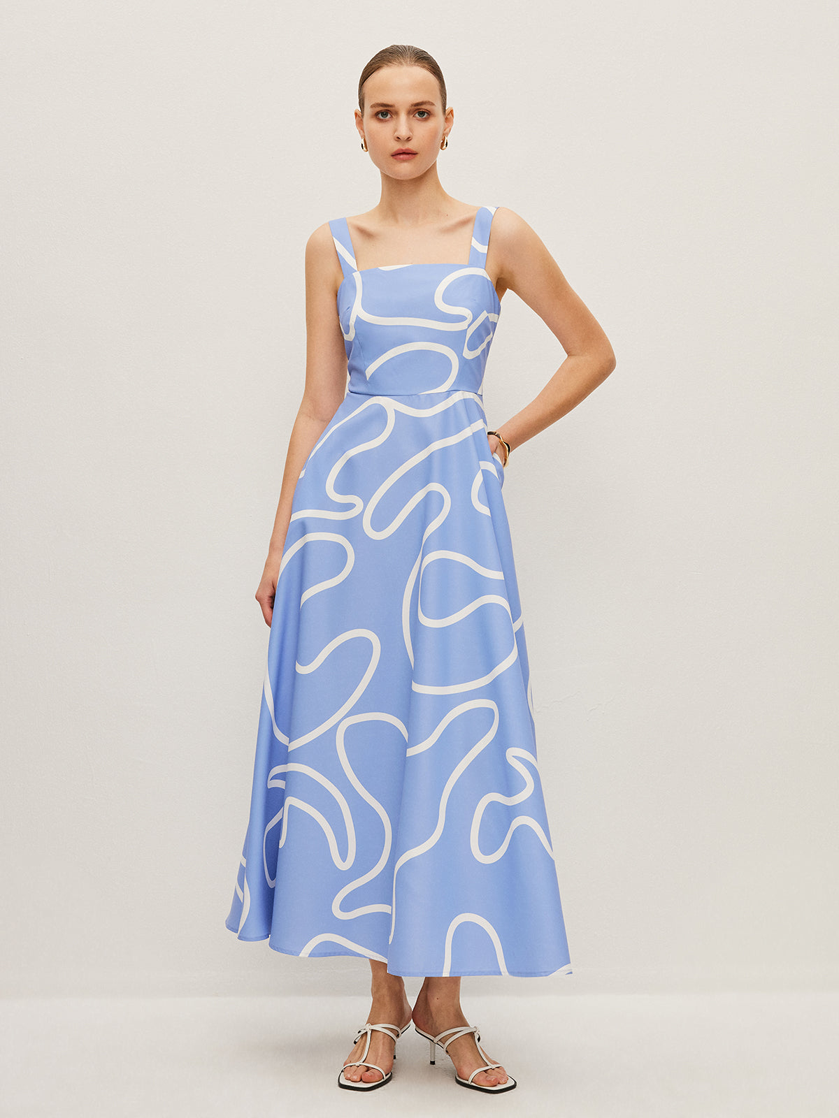 Abstract Line Print Square Strap Dress-Massicos