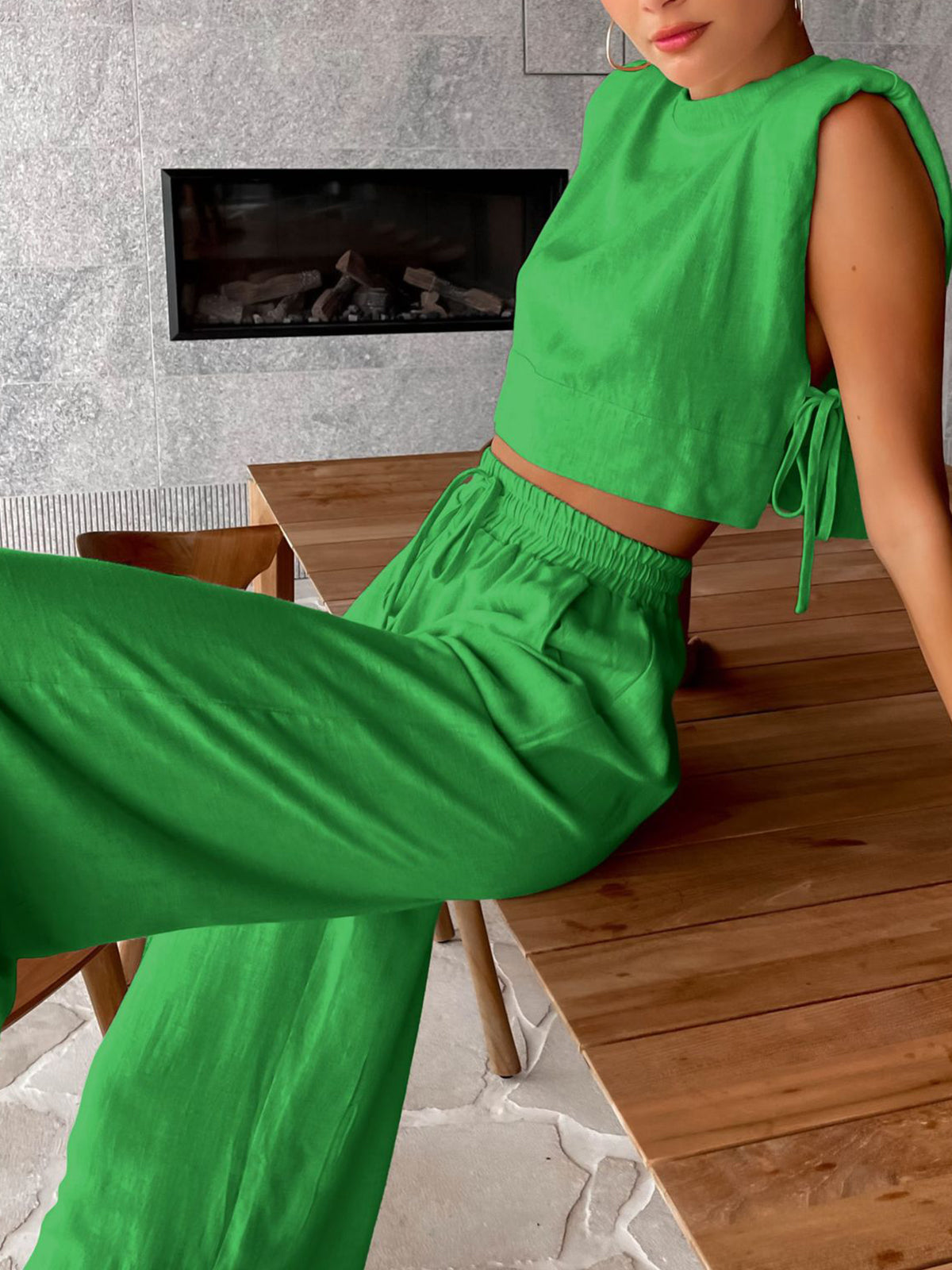 Utility Linen Two Piece Wide Leg Pants Set-Massicos