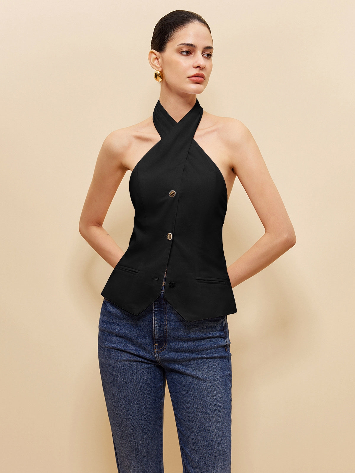 Linen & Cotton Cross Halter Top-Massicos