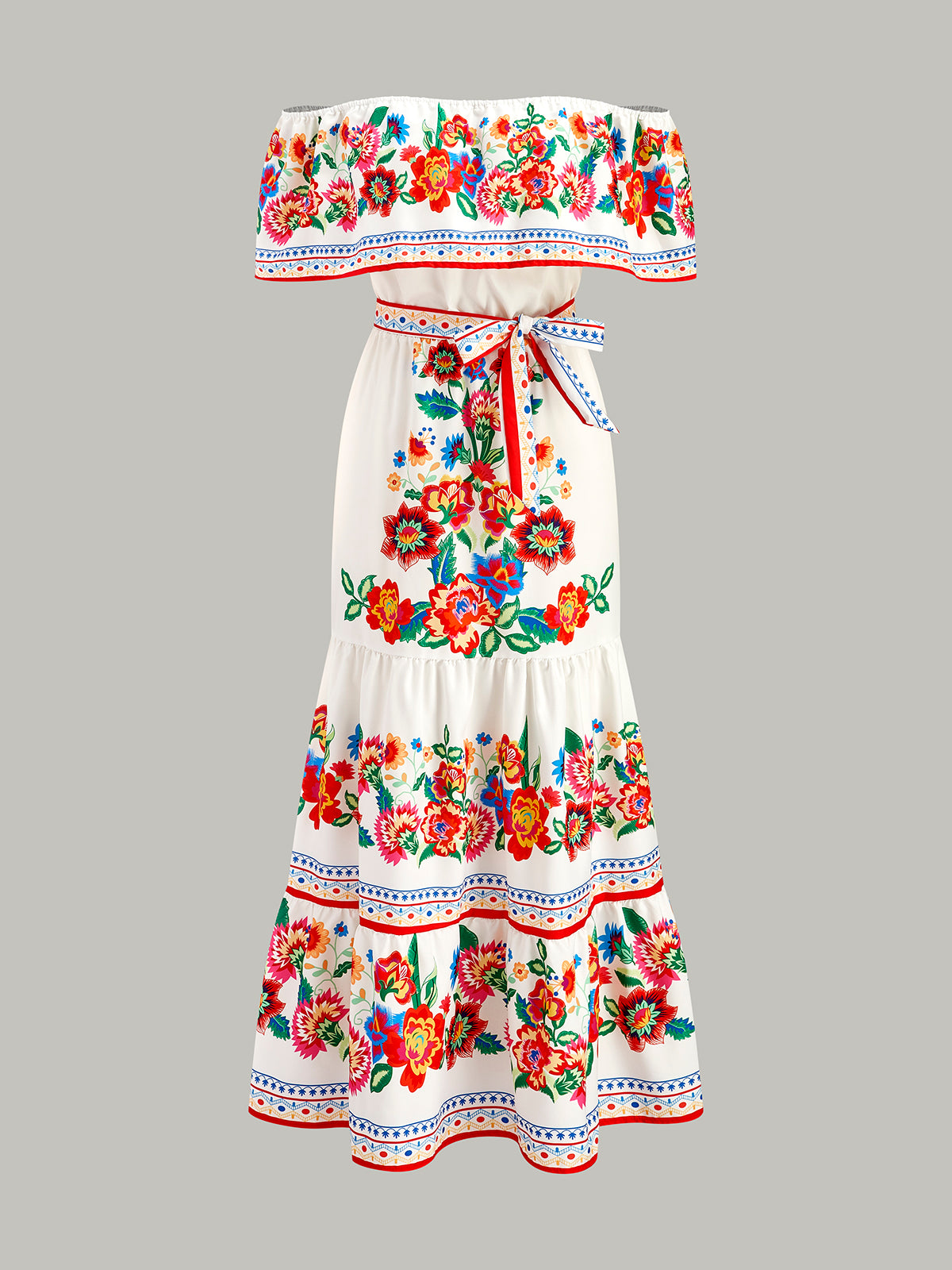 Off-Shoulder Floral Print Dress With Belt-Massicos