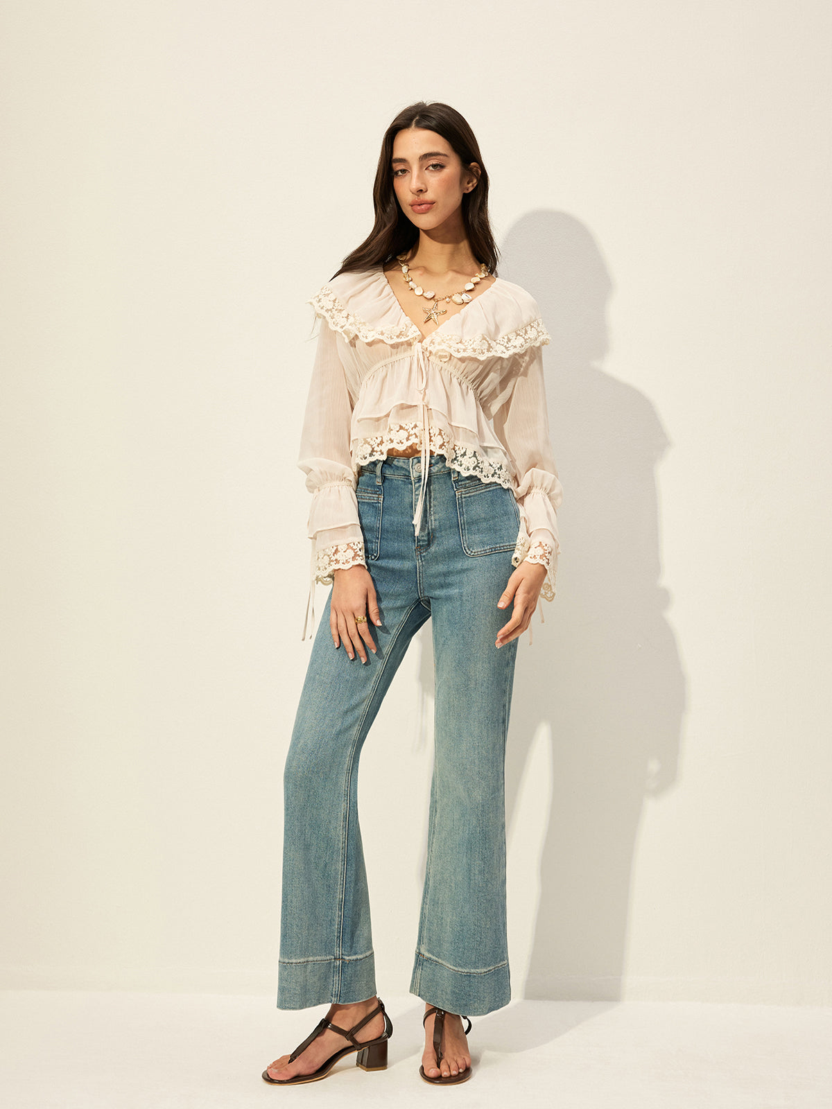Semi-Sheer Chiffon Lace Detail Top-Massicos
