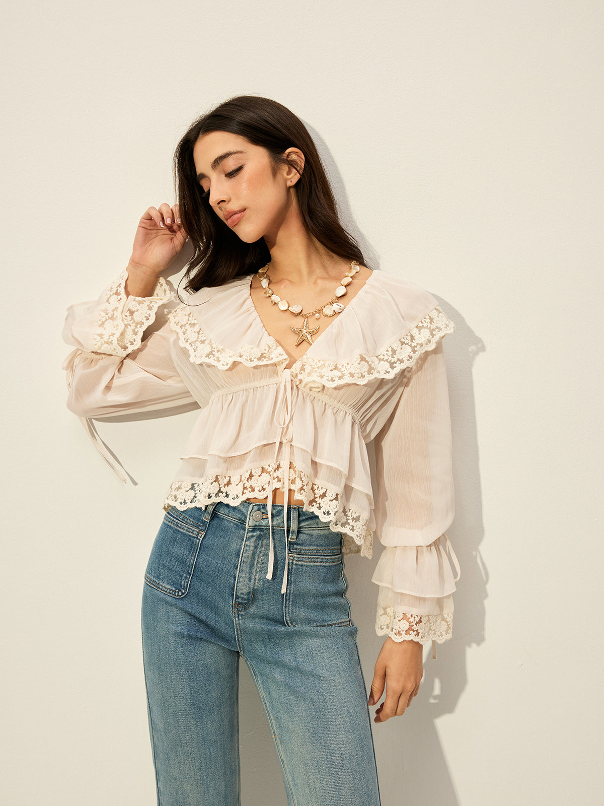 Semi-Sheer Chiffon Lace Detail Top-Massicos