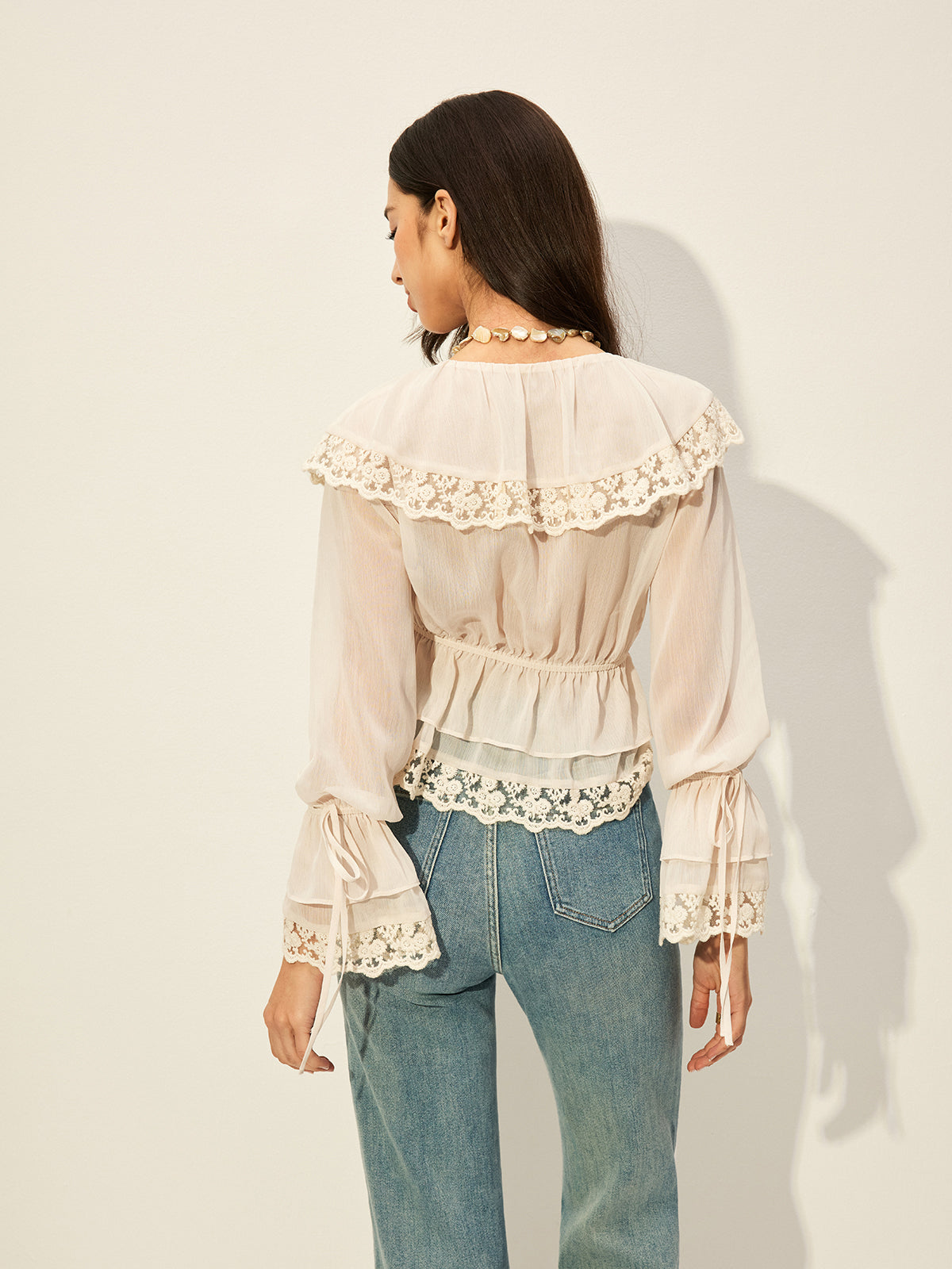 Semi-Sheer Chiffon Lace Detail Top-Massicos