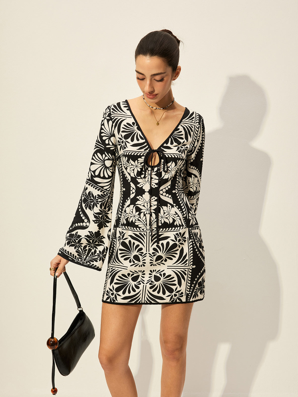 Printed Tie-Front Bell Sleeve Dress-Massicos