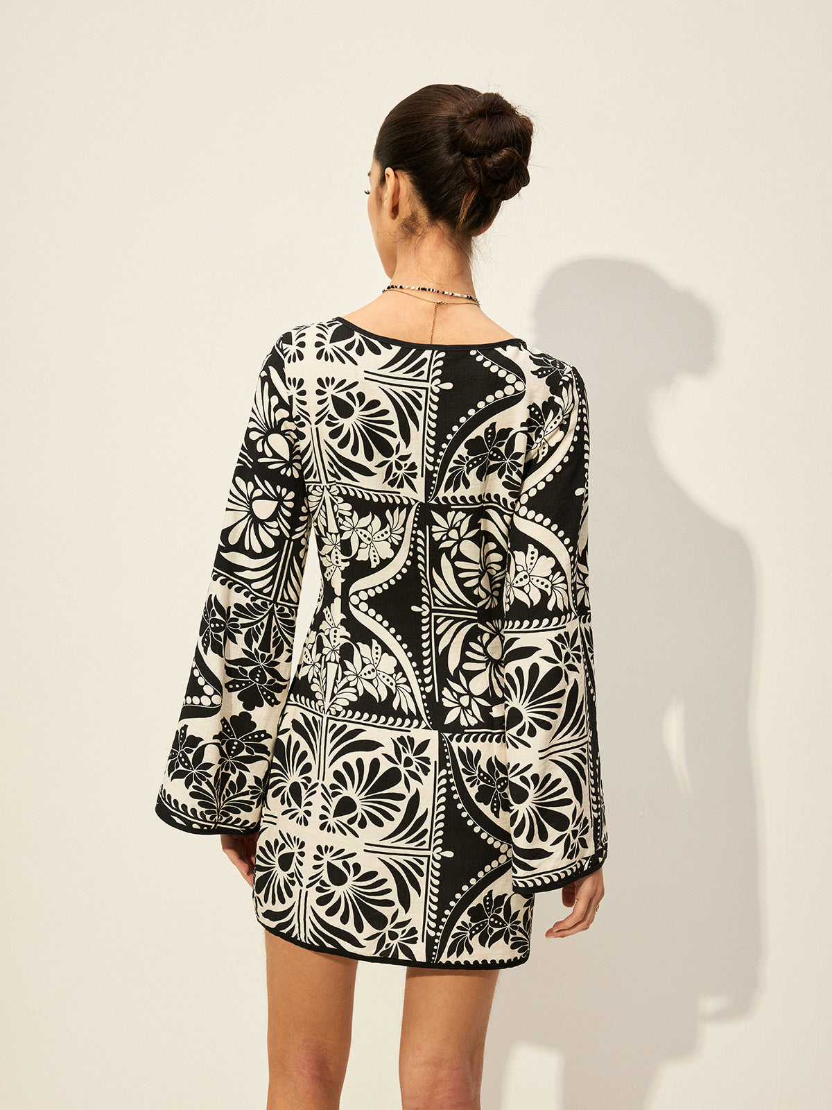Printed Tie-Front Bell Sleeve Dress-Massicos