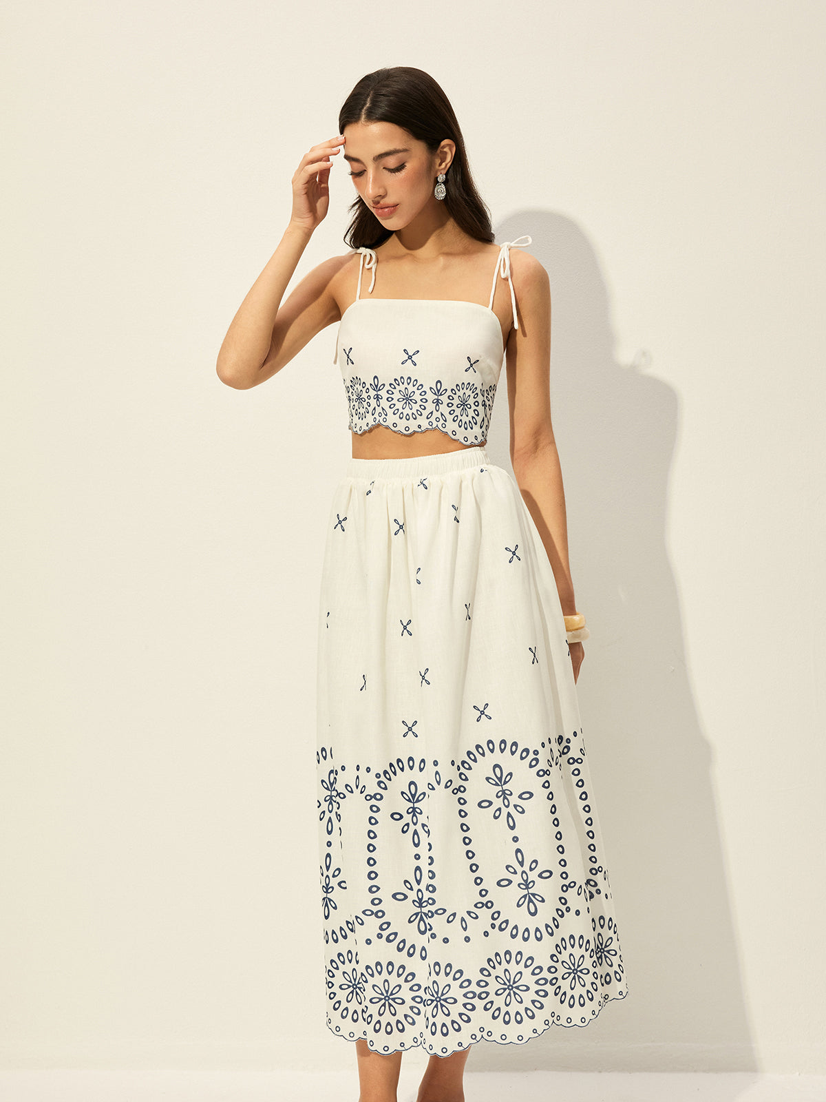 Embroidered Crop Top With Skirt Set-Massicos