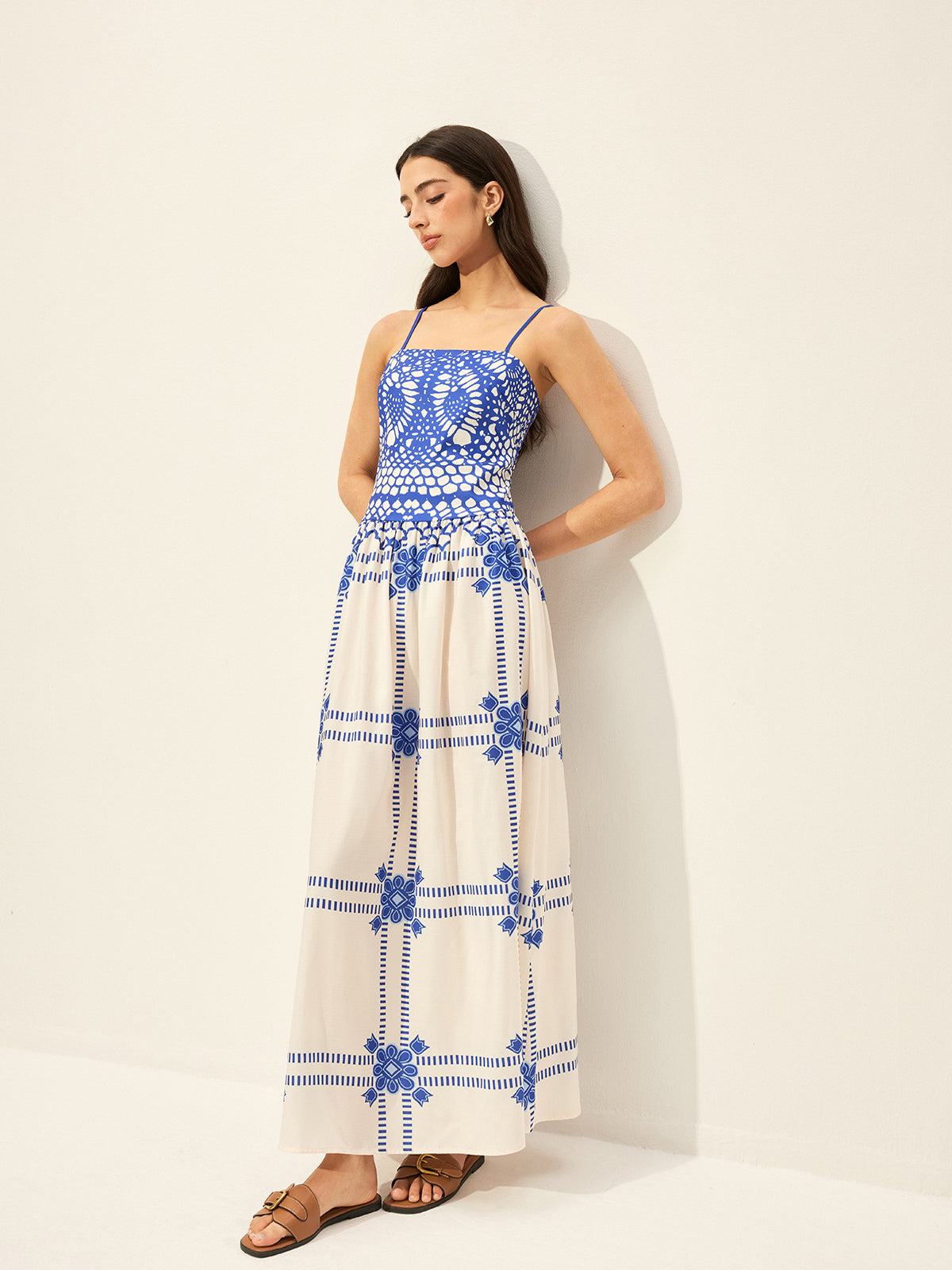 Print Adujstable Spaghetti Strap Zipper Dress-Massicos