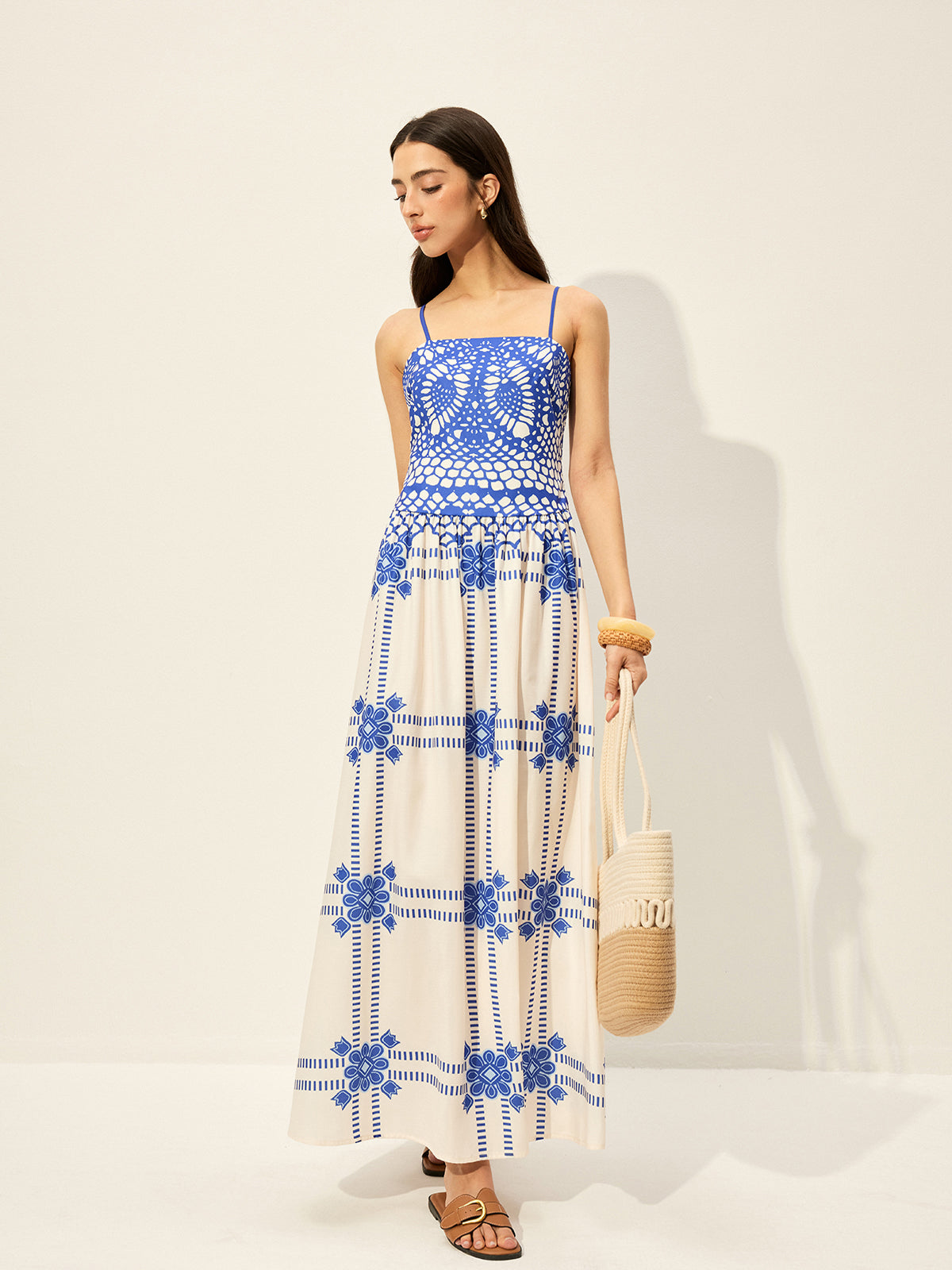 Print Adujstable Spaghetti Strap Zipper Dress-Massicos