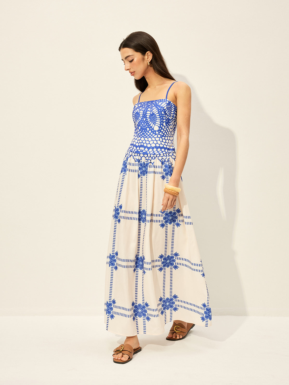 Print Adujstable Spaghetti Strap Zipper Dress-Massicos