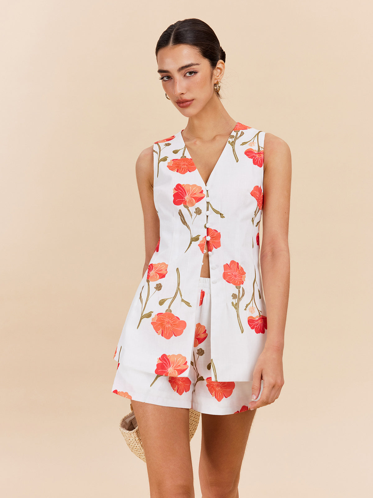 Floral Button-Front Shorts Set-Massicos