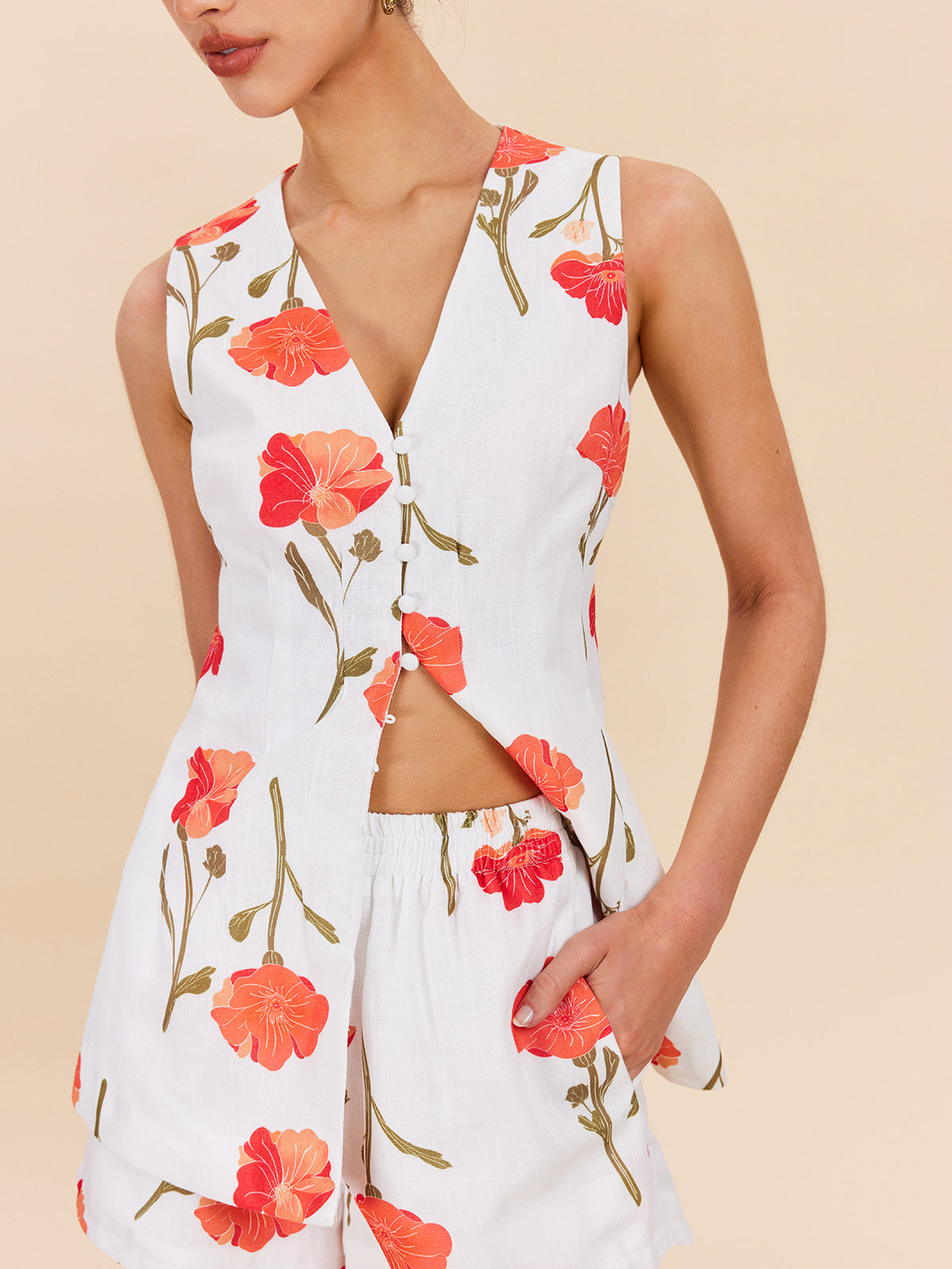 Floral Button-Front Shorts Set-Massicos