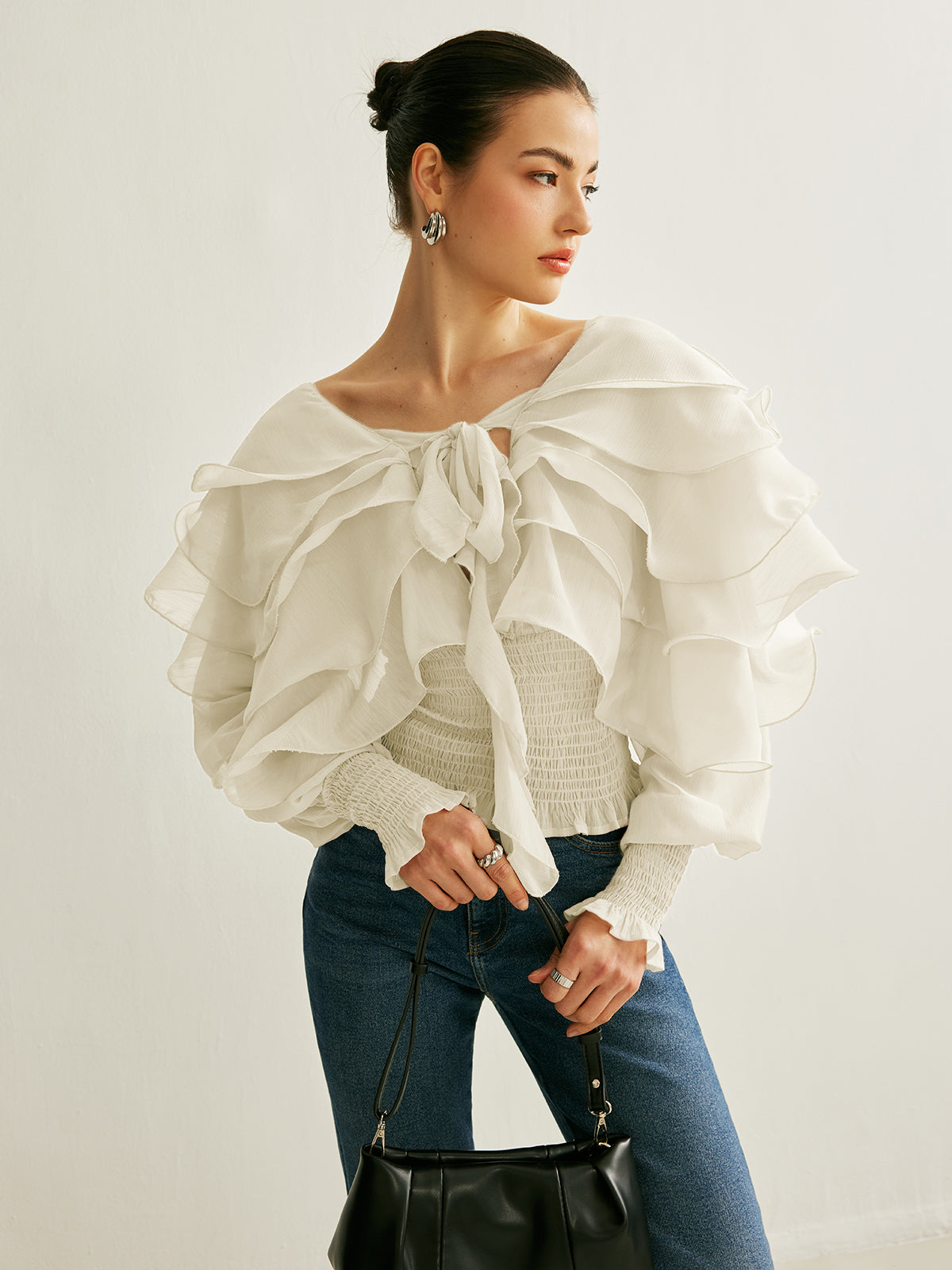 Semi-Sheer Chiffon Ruffle Backless Top-Massicos
