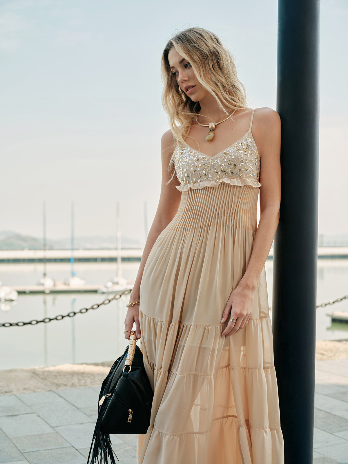Semi-Sheer Embroidered Bustier Tiered Dress-Massicos