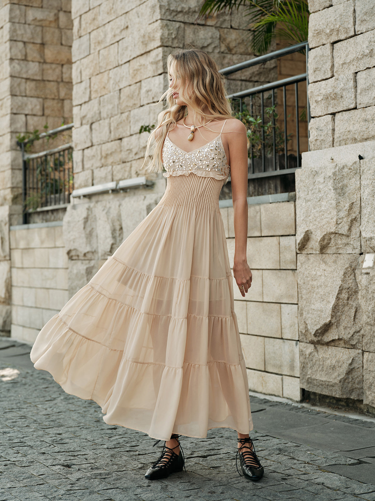 Semi-Sheer Embroidered Bustier Tiered Dress-Massicos