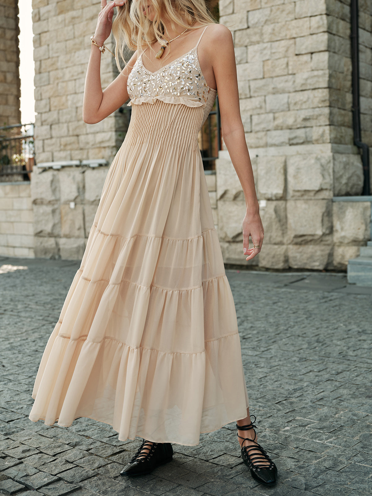 Semi-Sheer Embroidered Bustier Tiered Dress-Massicos