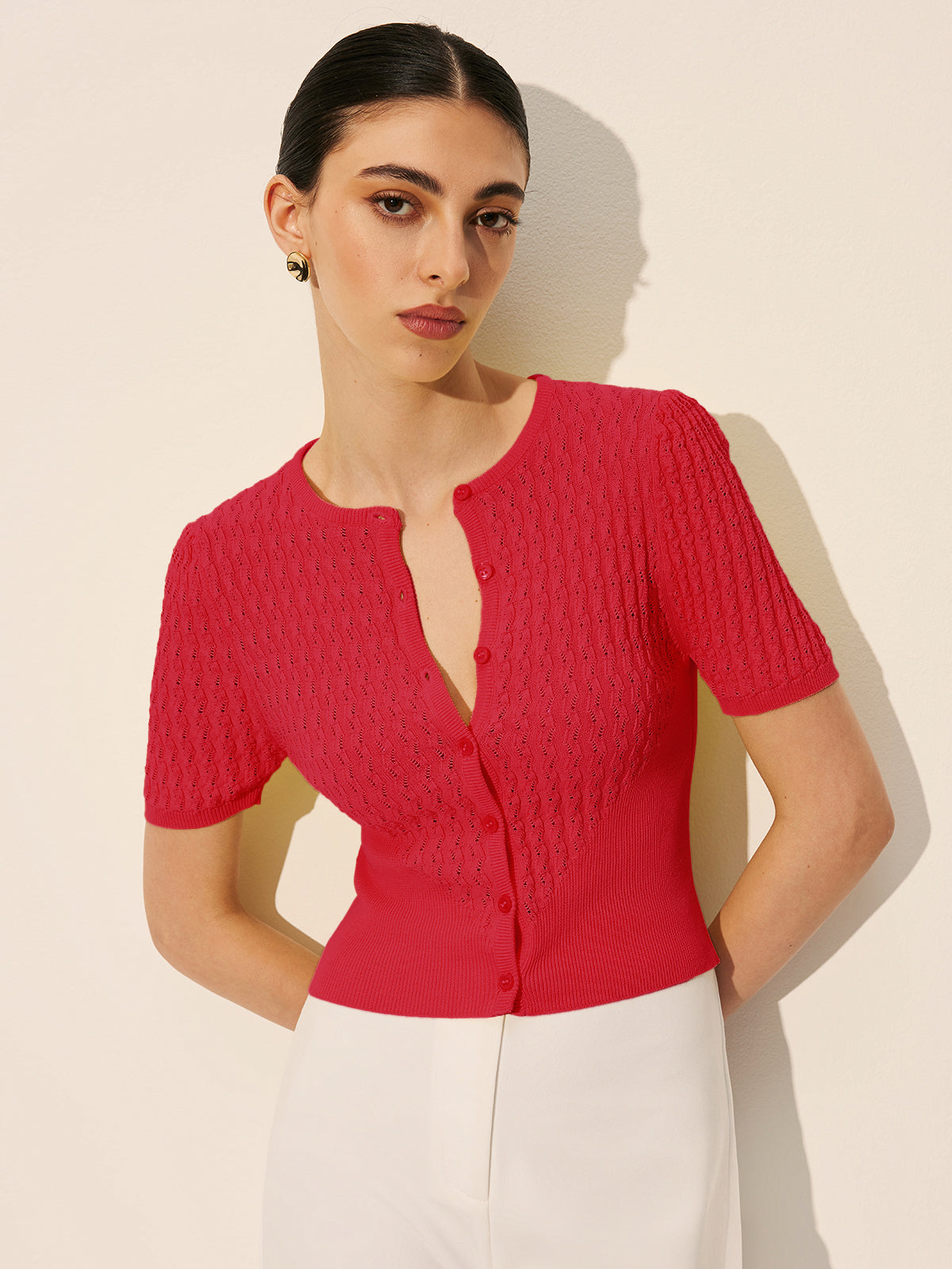 Hollow Knit Buttoned Top-Massicos