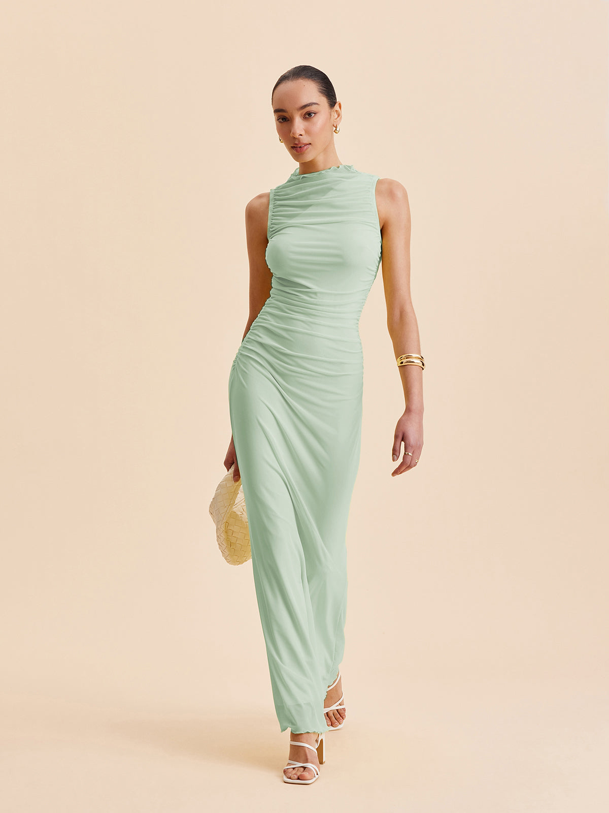 Mesh Ruched Sleeveless Dress-Massicos