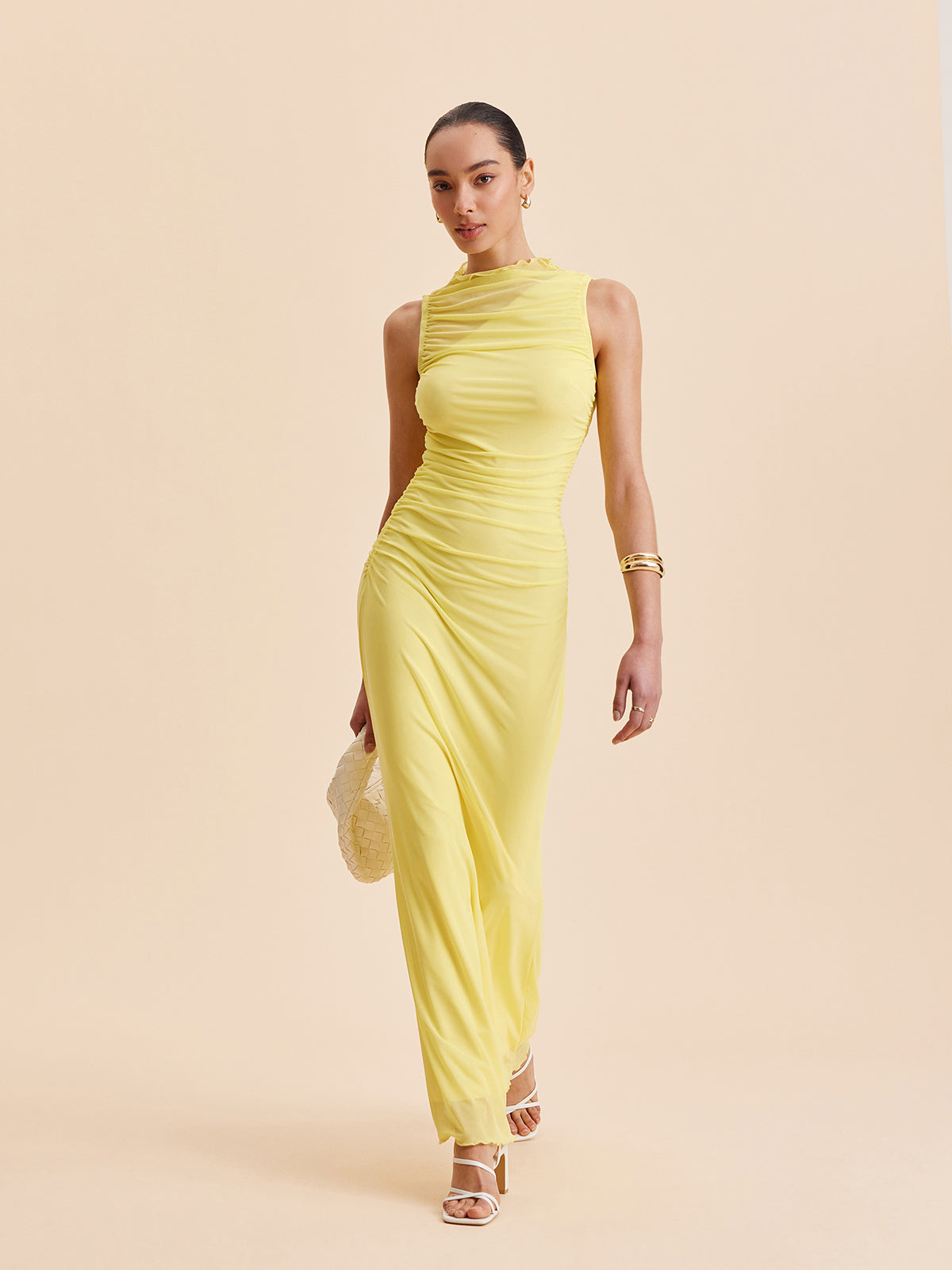 Mesh Ruched Sleeveless Dress-Massicos