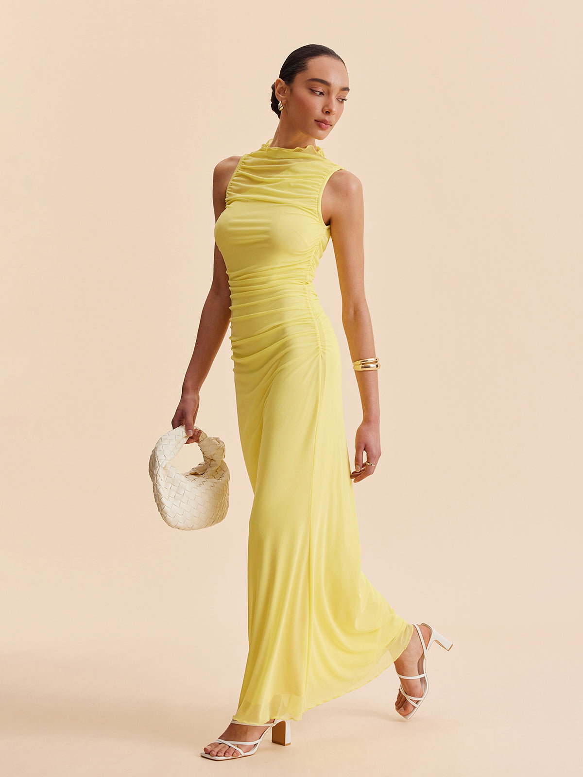 Mesh Ruched Sleeveless Dress-Massicos