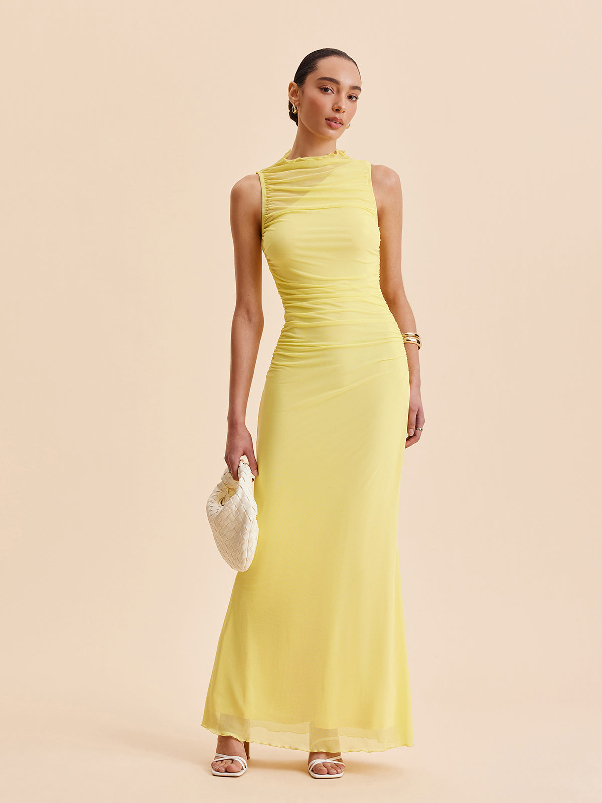 Mesh Ruched Sleeveless Dress-Massicos