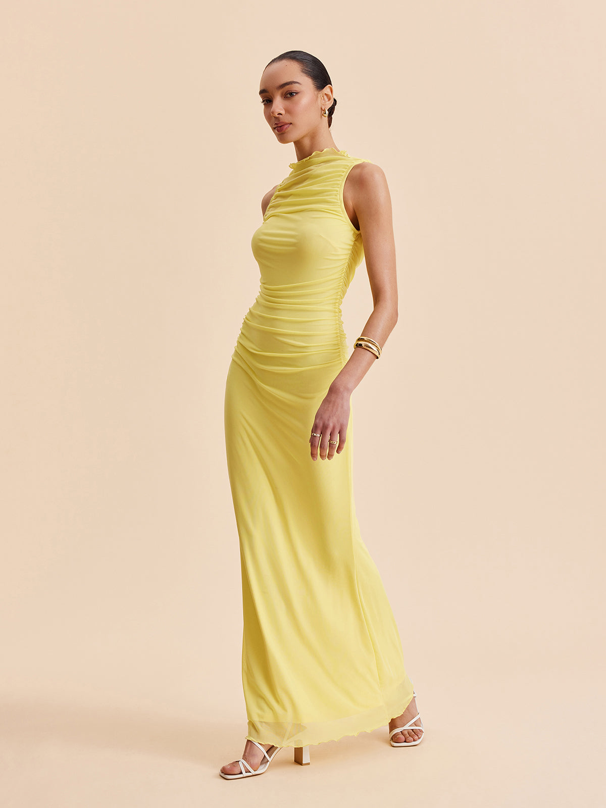 Mesh Ruched Sleeveless Dress-Massicos