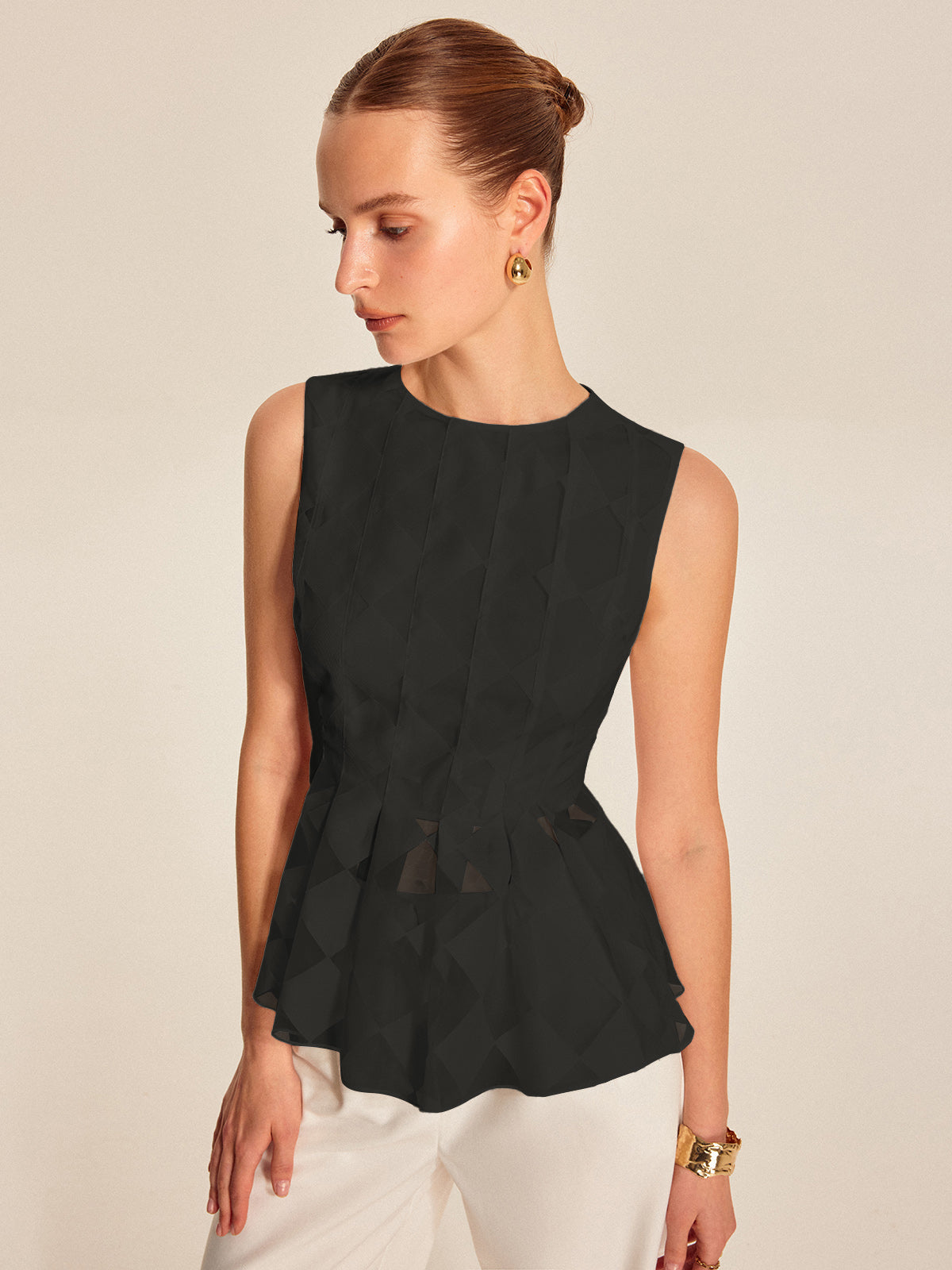Semi-Sheer Geometric Peplum Top-Massicos