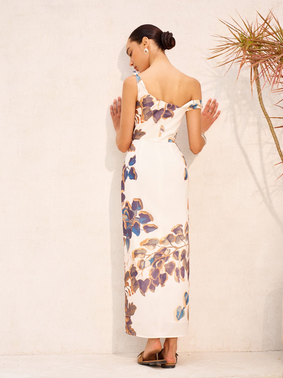 Boho Print Asymmetrical Neck Zipper Split Dress-Massicos