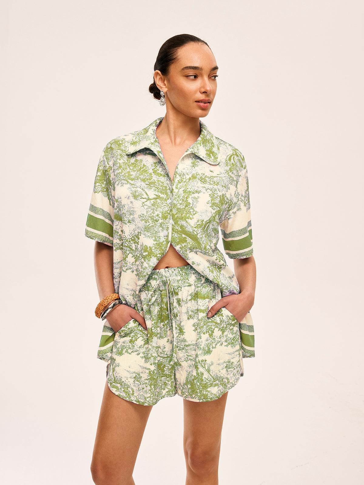 Printed Contrast Trim Shorts Sets-Massicos