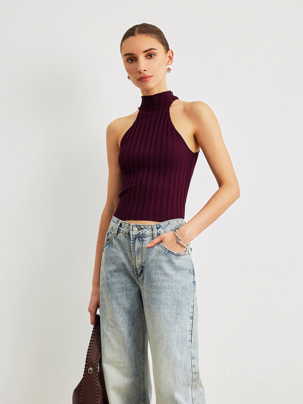 Ribbed Knit High-Neck Top-Massicos