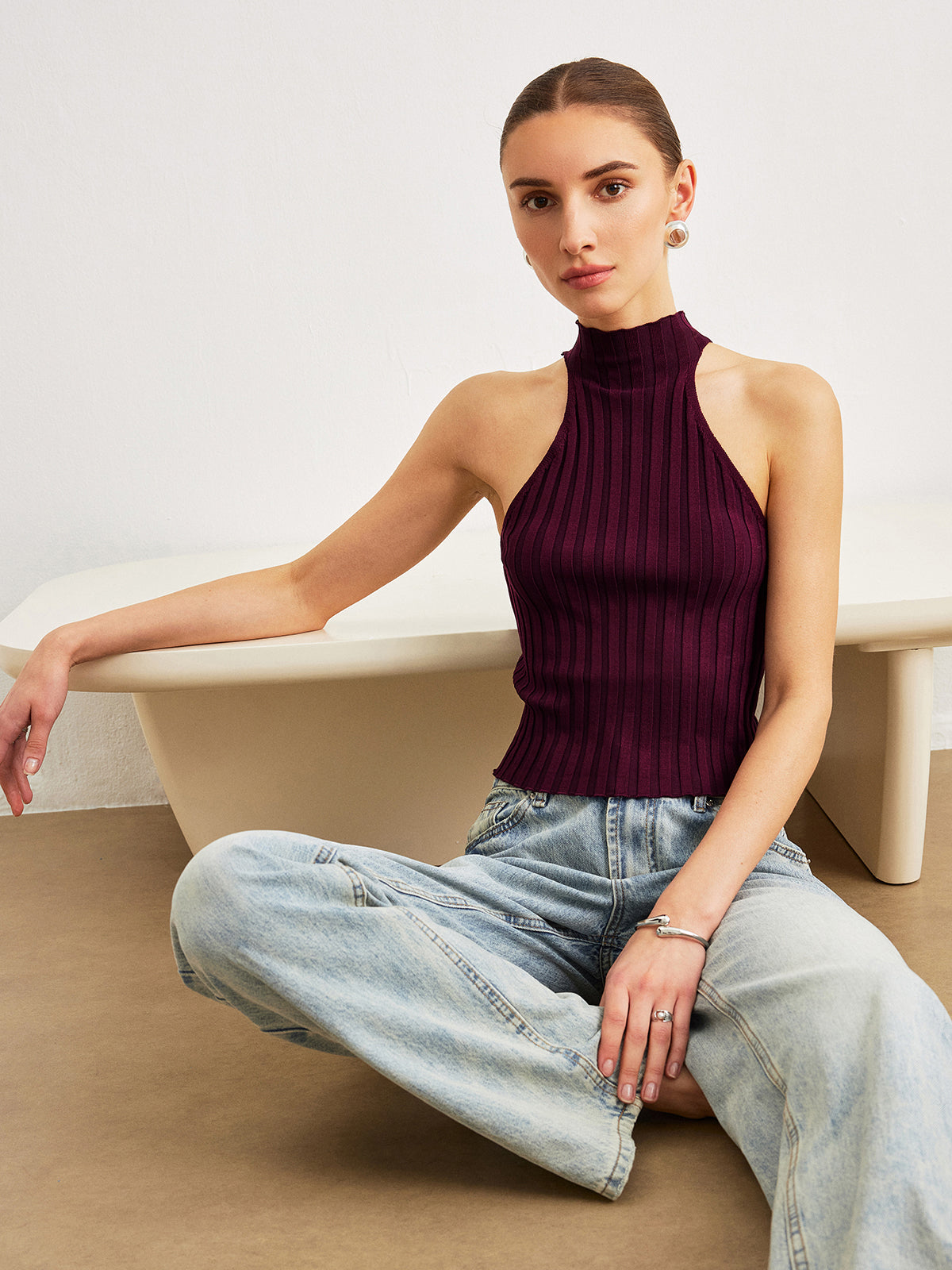 Ribbed Knit High-Neck Top-Massicos