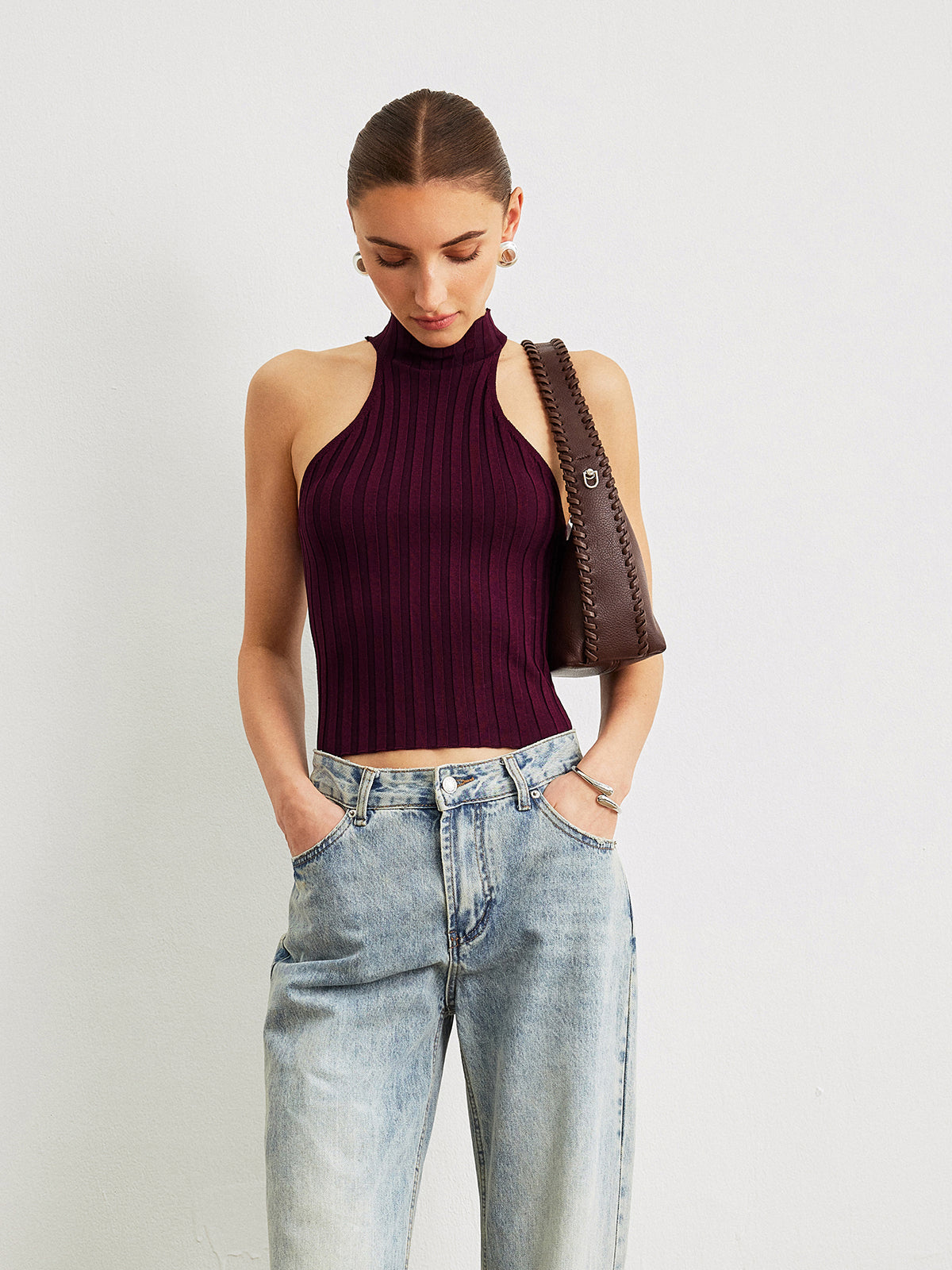 Ribbed Knit High-Neck Top-Massicos