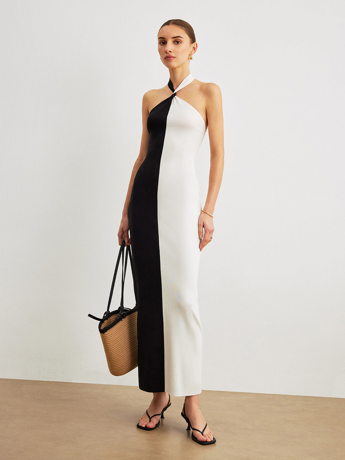Color Block Halter Knotted Backless Long Dress-Massicos