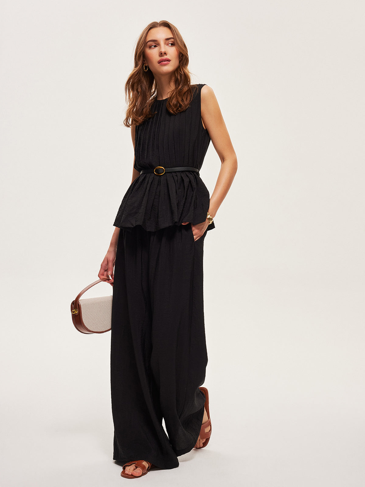 Peplum Top Wide-Leg Pants Set With Belt-Massicos