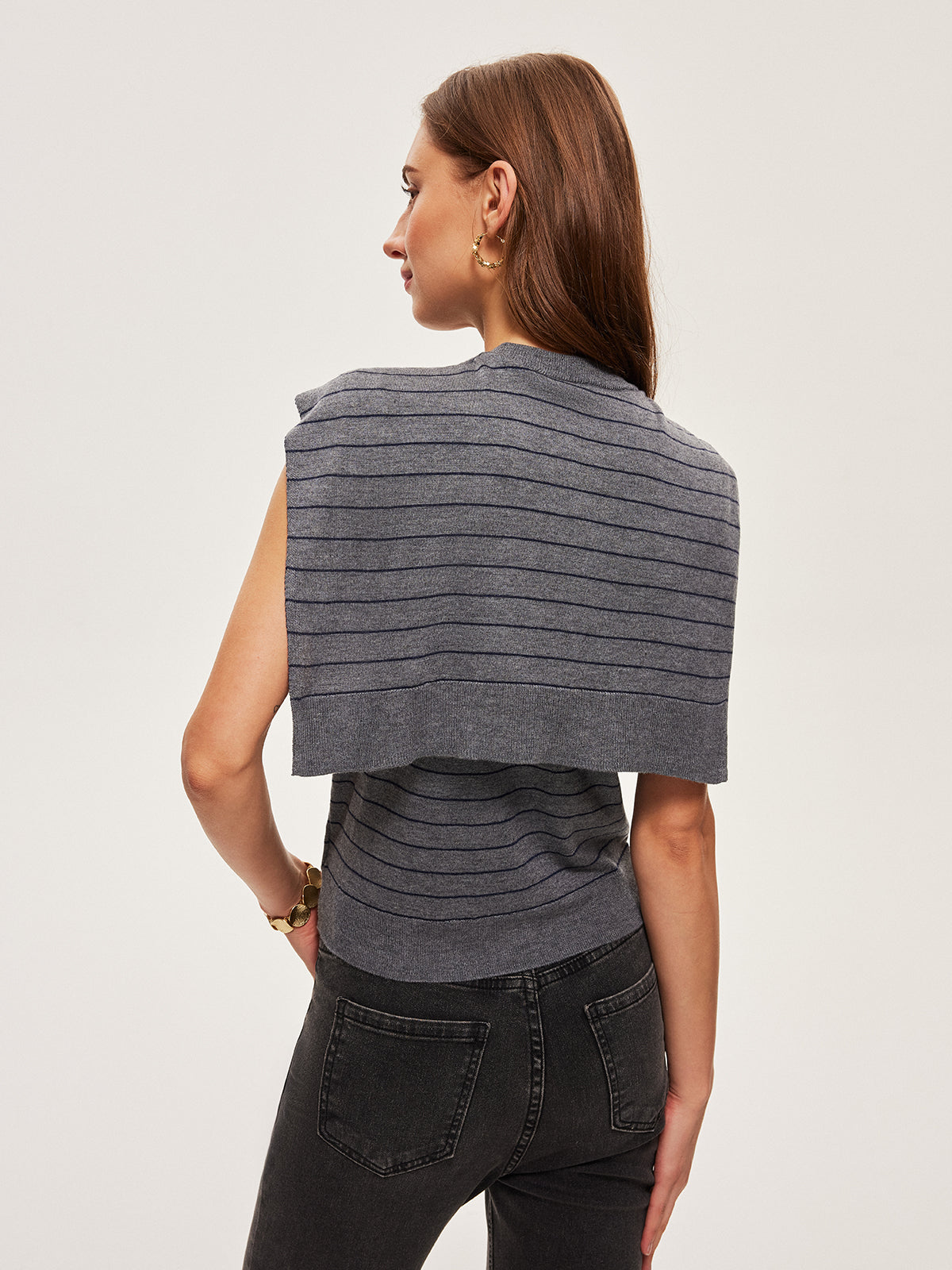 2 In 1 Striped Knotted Button Sleeveless Sweater Vest-Massicos