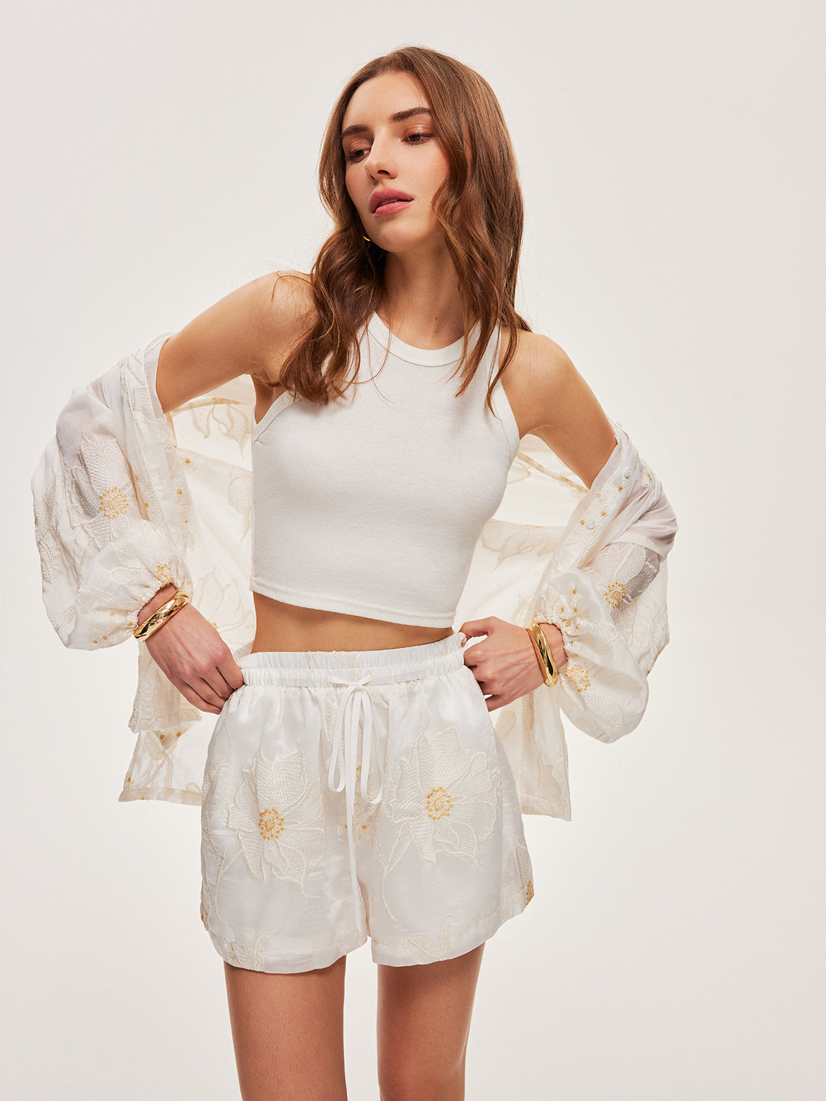 Semi-Sheer Floral Shorts Set-Massicos