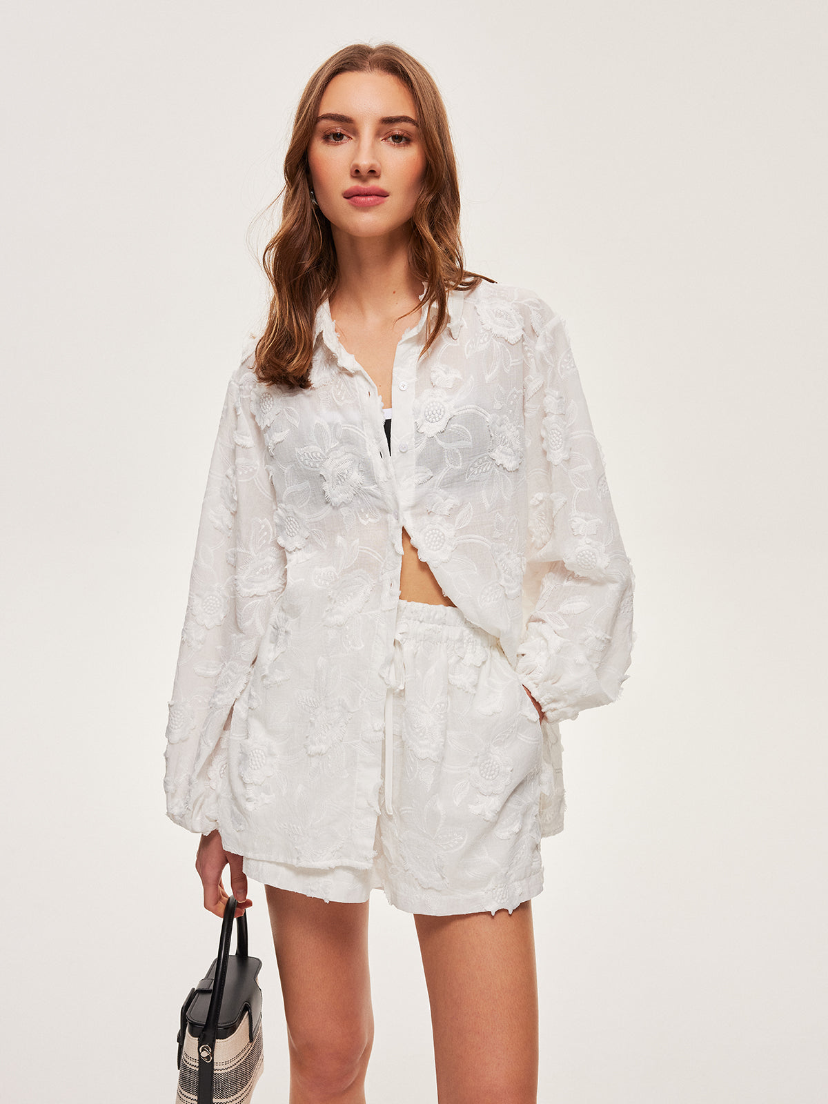Semi-Sheer Cotton Embroidered Shirt With Shorts Set-Massicos