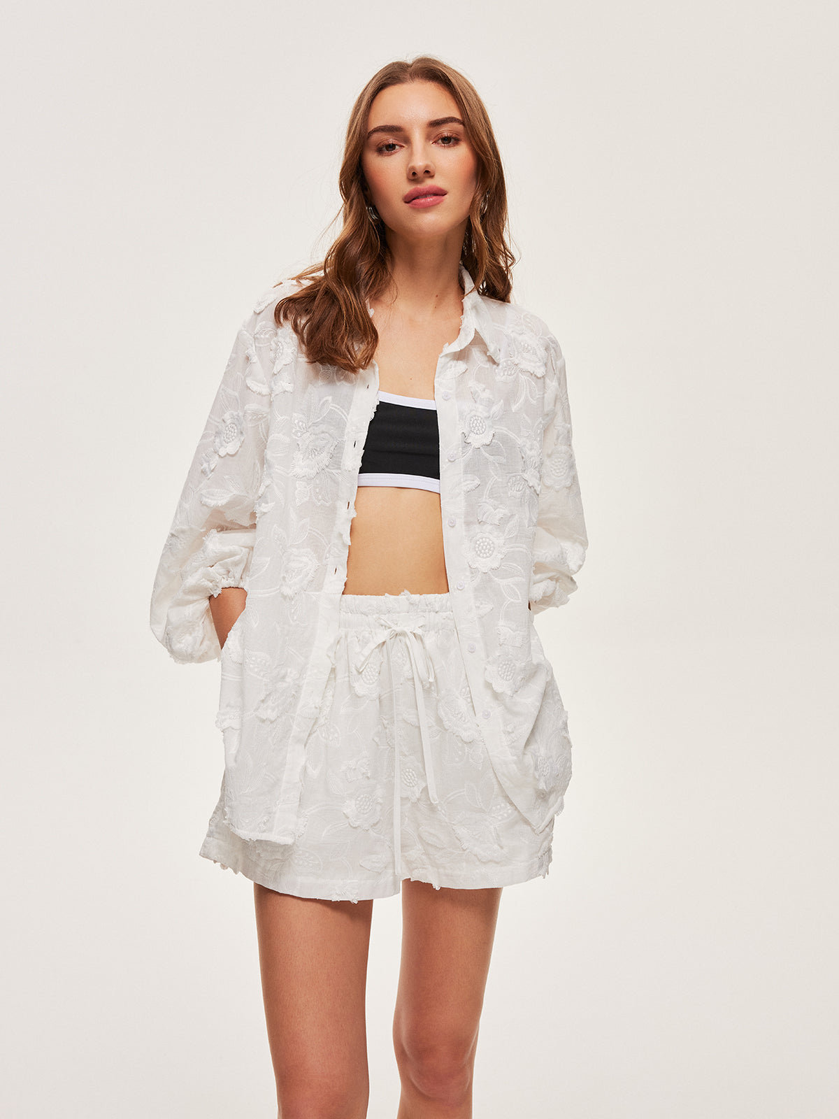 Semi-Sheer Cotton Embroidered Shirt With Shorts Set-Massicos