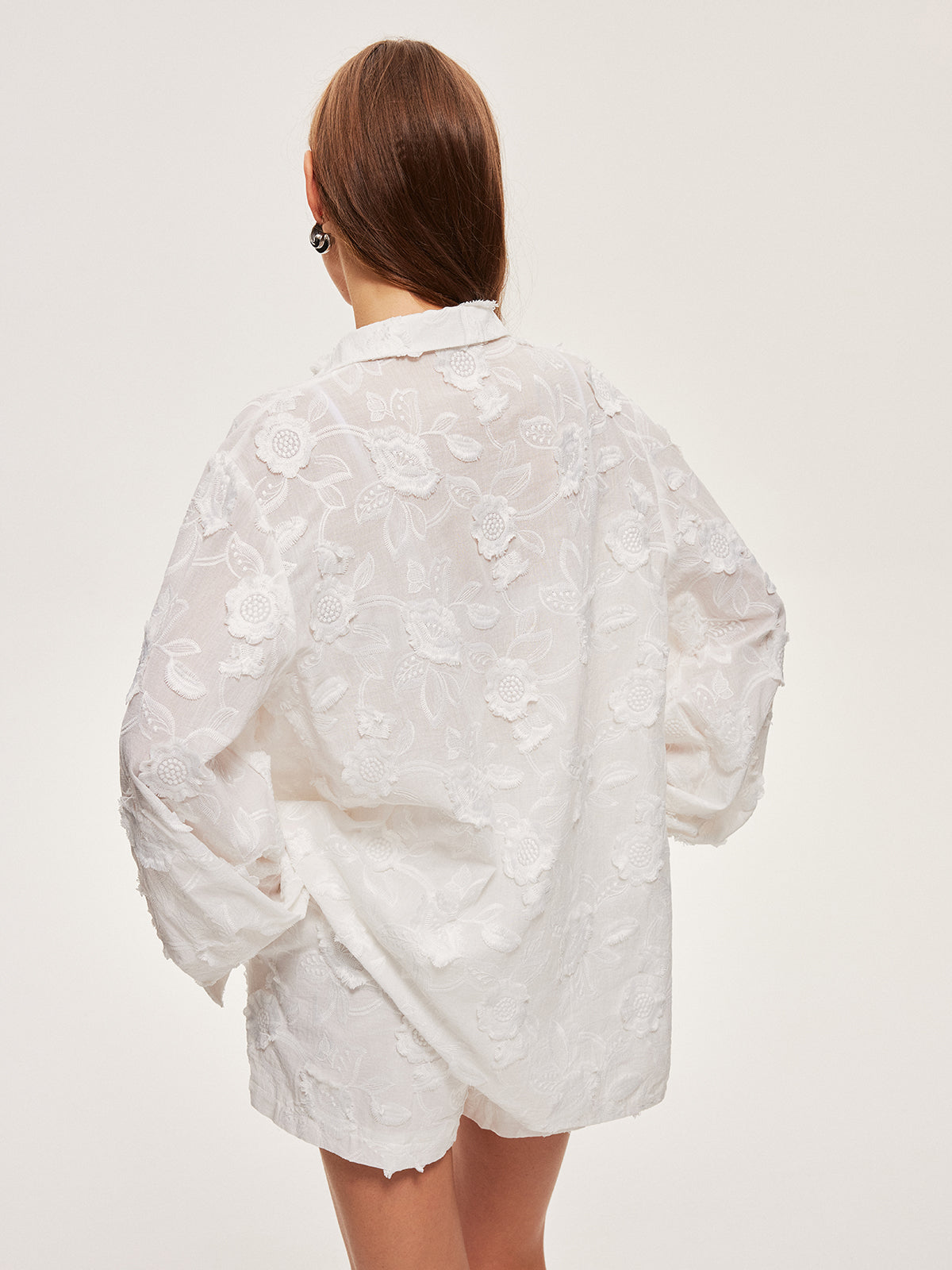 Semi-Sheer Cotton Embroidered Shirt With Shorts Set-Massicos