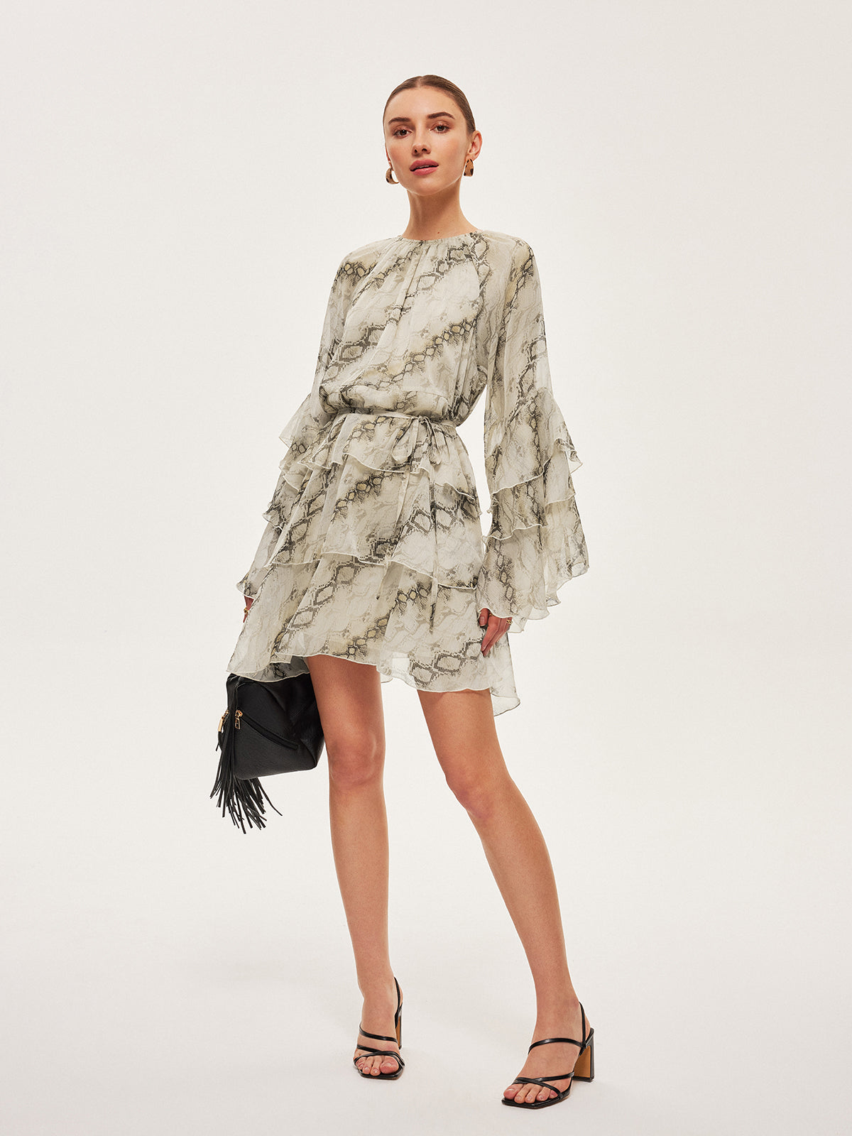 Sheer Print Ruffle Tie-Waist Dress-Massicos