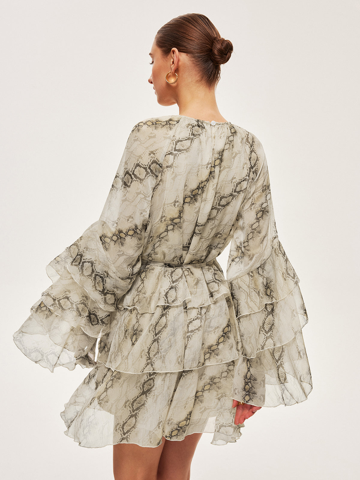 Sheer Print Ruffle Tie-Waist Dress-Massicos