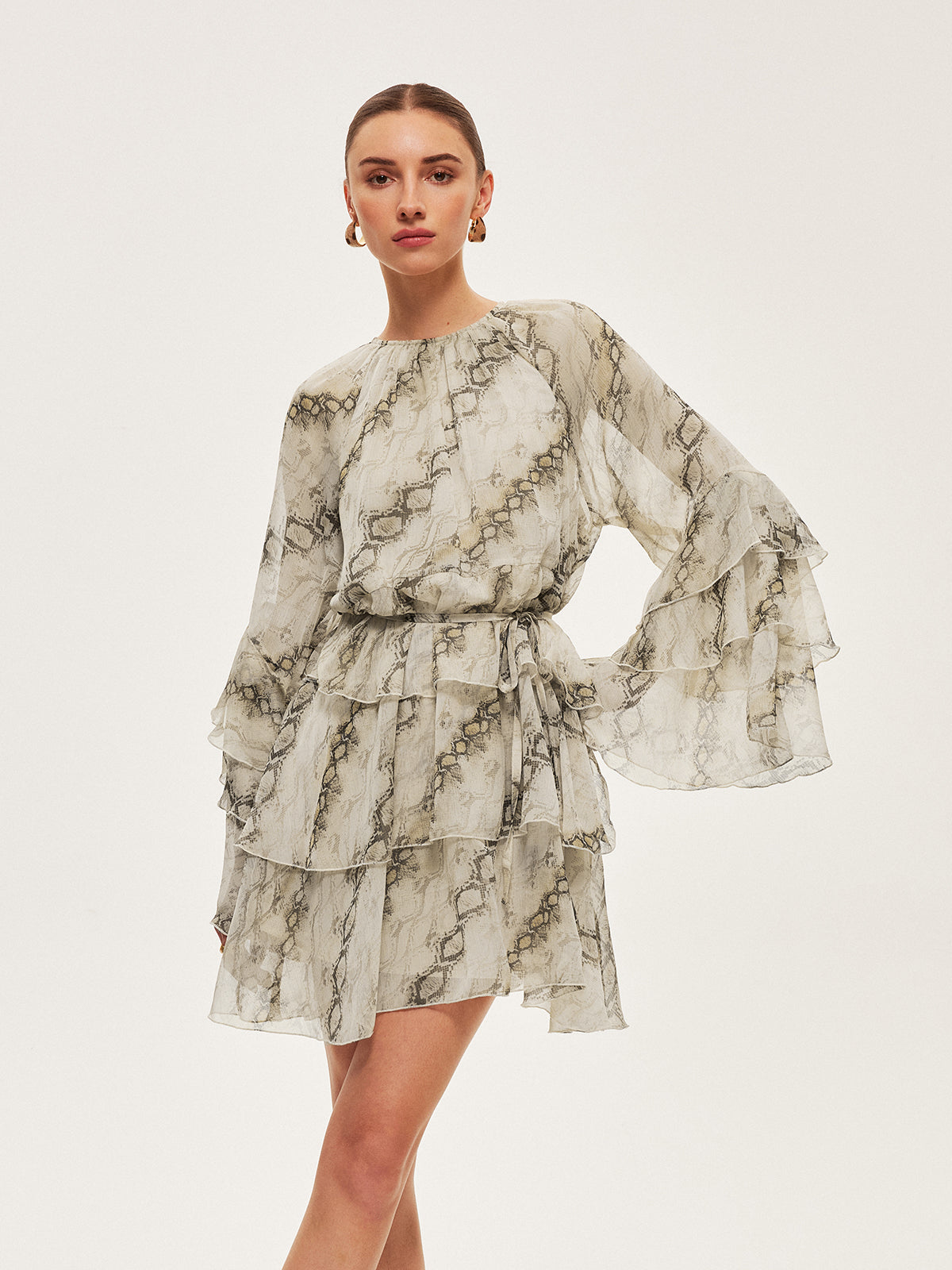 Sheer Print Ruffle Tie-Waist Dress-Massicos